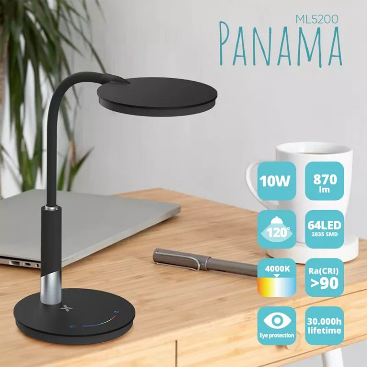 Schwarze Schreibtischlampe, mit silbernem Akzent, und eine weiße Kaffeetasse auf Holzoberfläche.