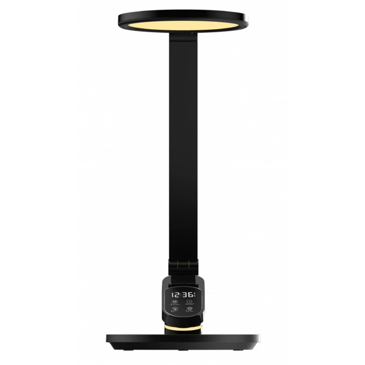Schwarze Schreibtischlampe mit rundem Oberteil, verstellbarem Arm und Digitalanzeige am Sockel.