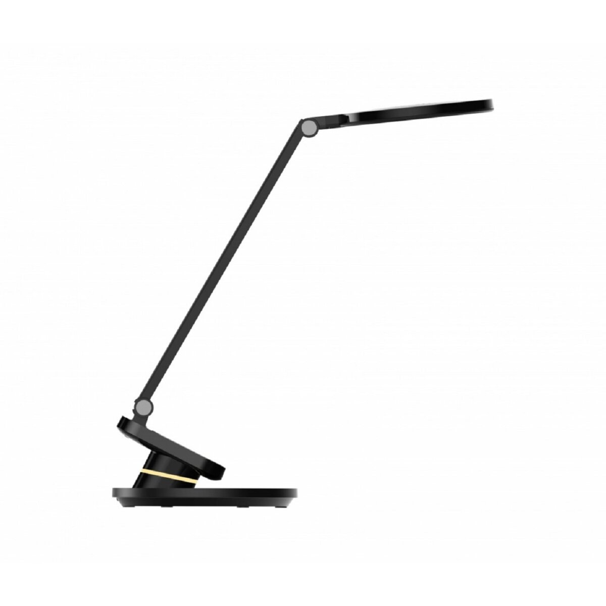 Eine schwarze Schreibtischlampe mit verstellbarem Arm und rundem Sockel, vor weißem Hintergrund, nach rechts geneigt.
