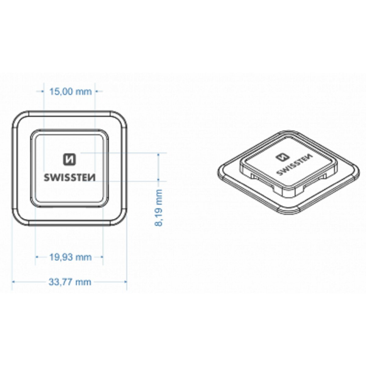 Isometrische Ansicht eines quadratischen Geräts mit SWISSTEK-Logo und Abmessungen in mm.
