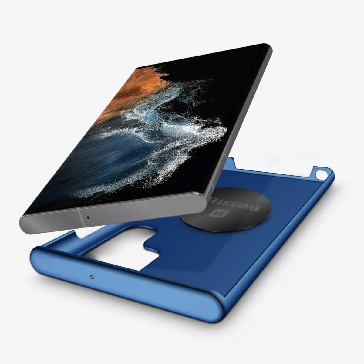 Una custodia blu per smartphone con uno smartphone appoggiato sopra.