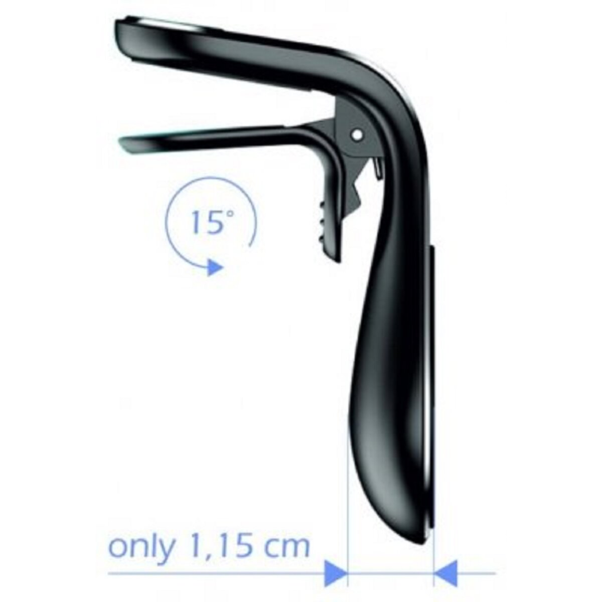 Schwarzer Telefonhalter fürs Auto. Zeigt 15-Grad-Winkel und eine Dicke von 1,15 cm.
