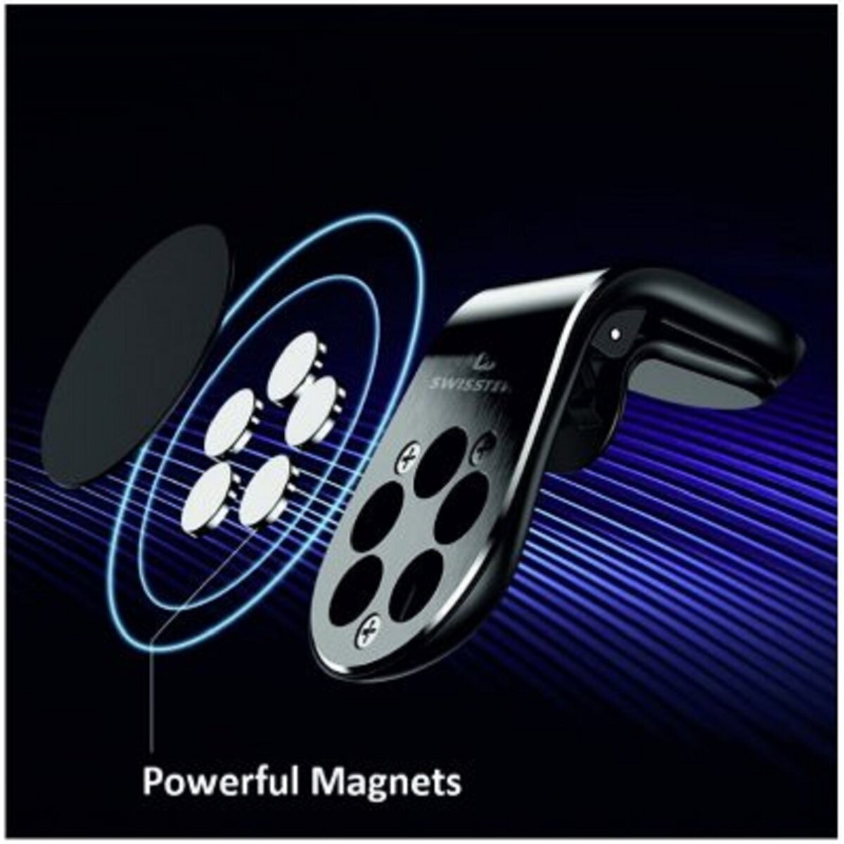 Eine schwarze Autotelefonhalterung mit Magneten und einer separaten Magnetplatte.