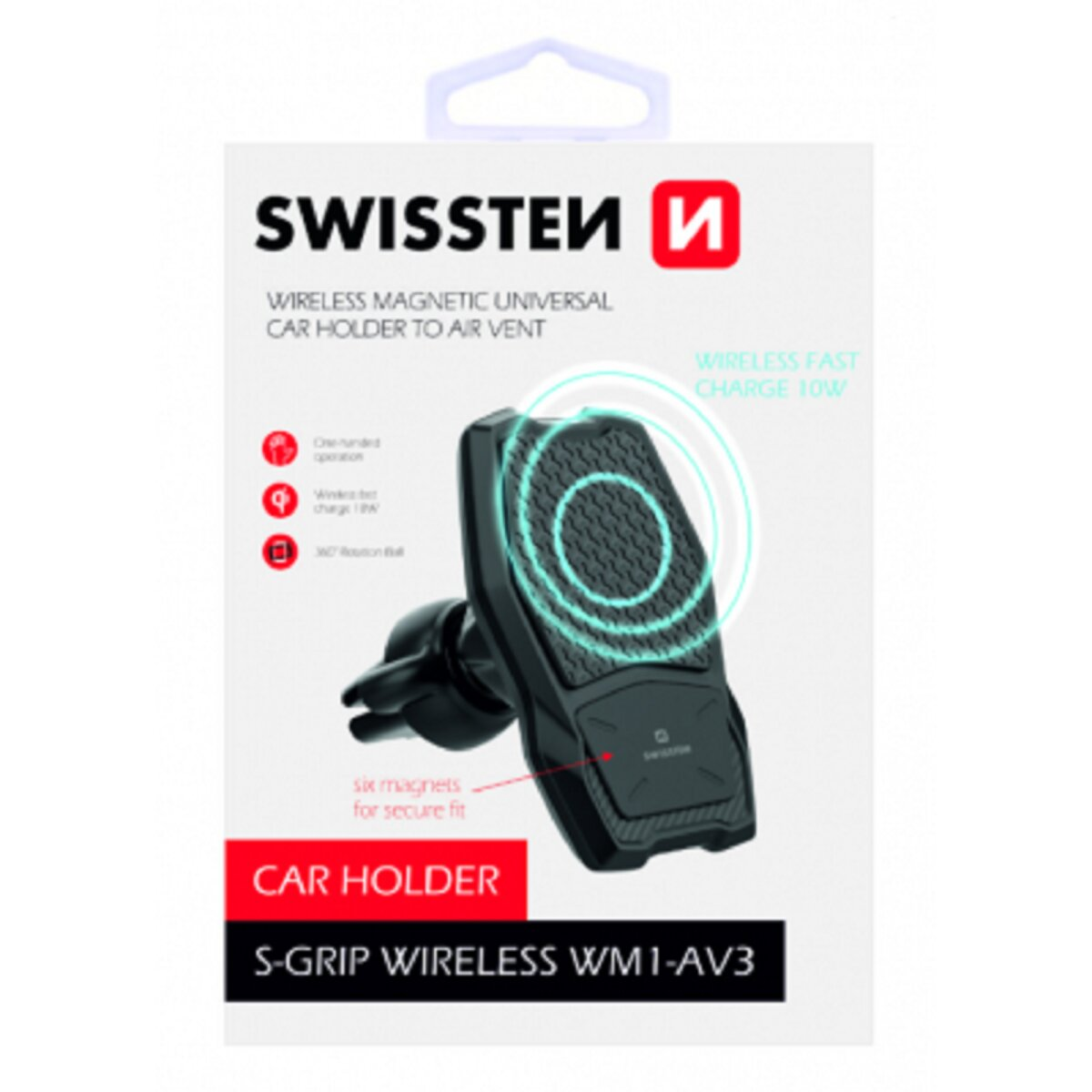 Schwarzer Autotelefonhalter mit weißer Box. Merkmale sind kabelloses Laden und magnetischer Griff.