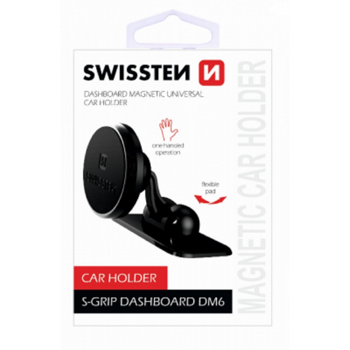 Auto-Halter in Verpackung. Schwarzer Halter mit Magnetscheibe und Basis. Weiße Verpackung mit Logo und Text.