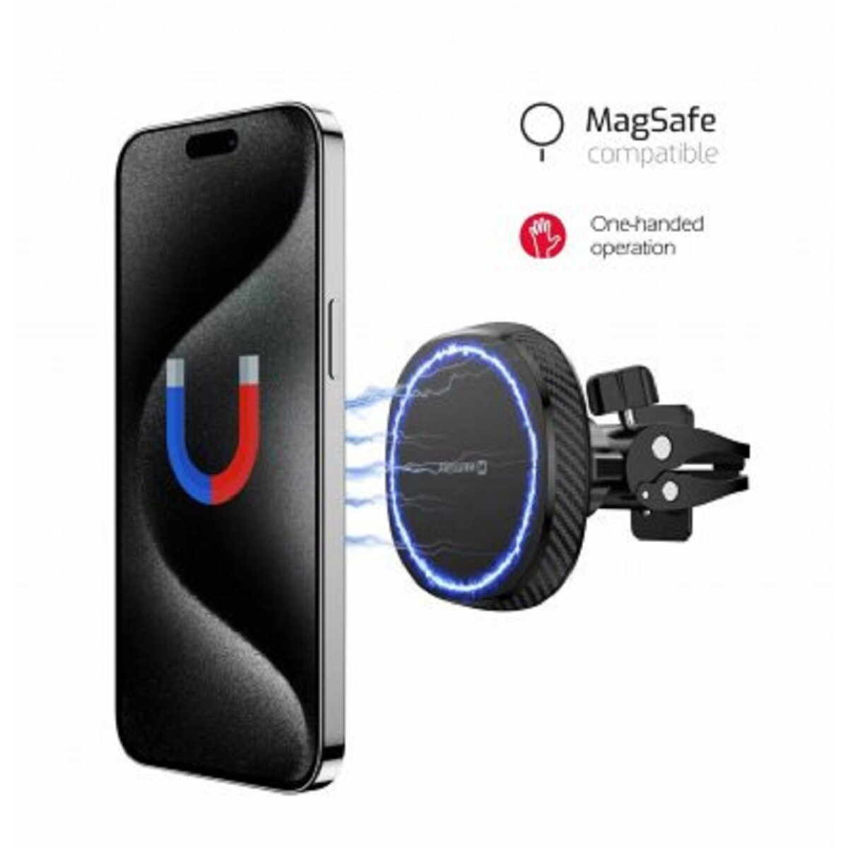 Telefono nero con supporto magnetico per auto. Il telefono ha un design a forma di U blu e rosso.