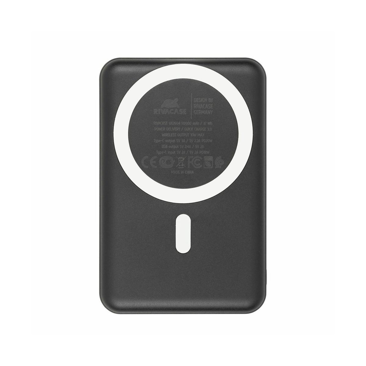 Un chargeur portable noir avec un cercle blanc et un petit trait blanc.