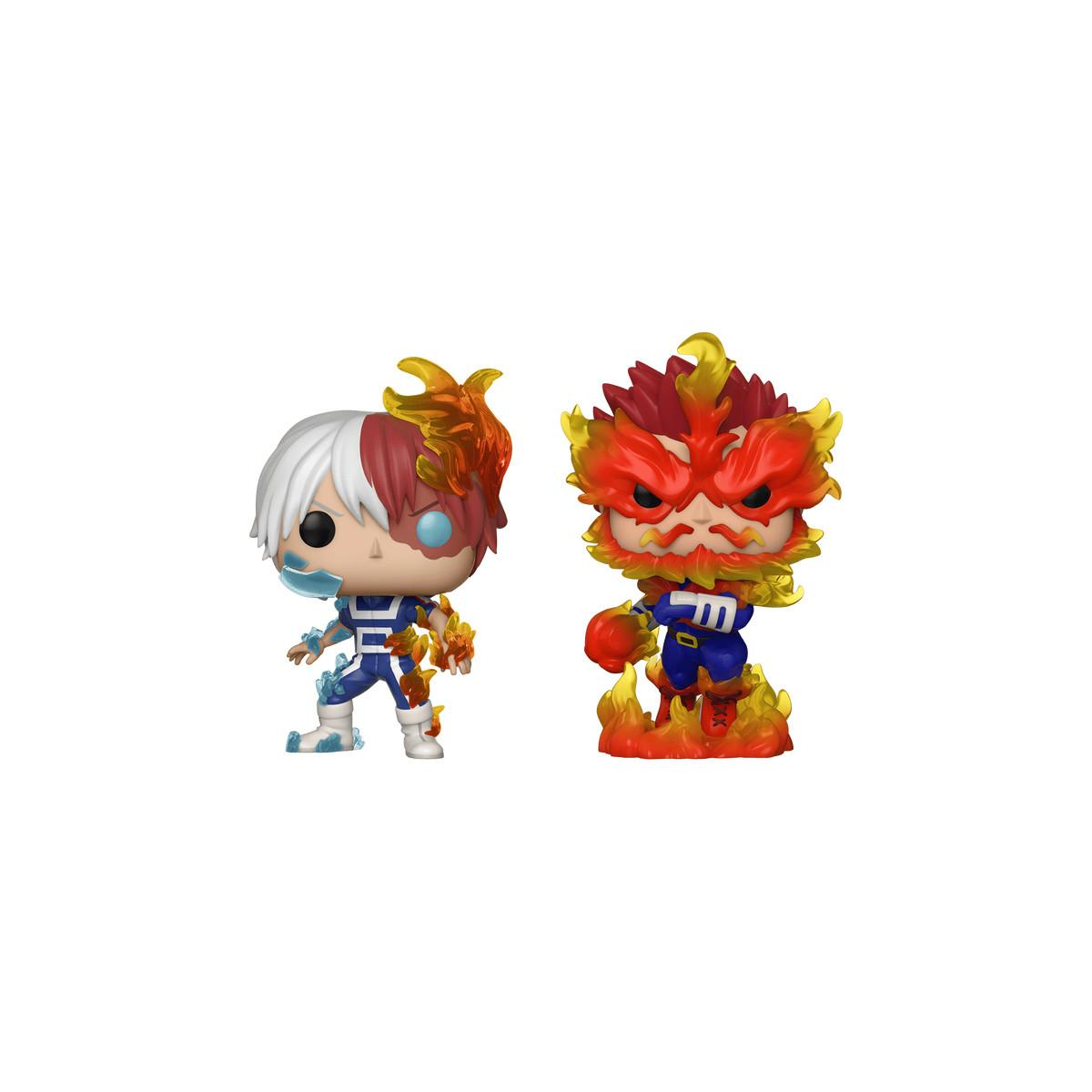Zwei Funko Pop Figuren von My Hero Academia Charakteren. Einer ist Todoroki, der andere Endeavor.