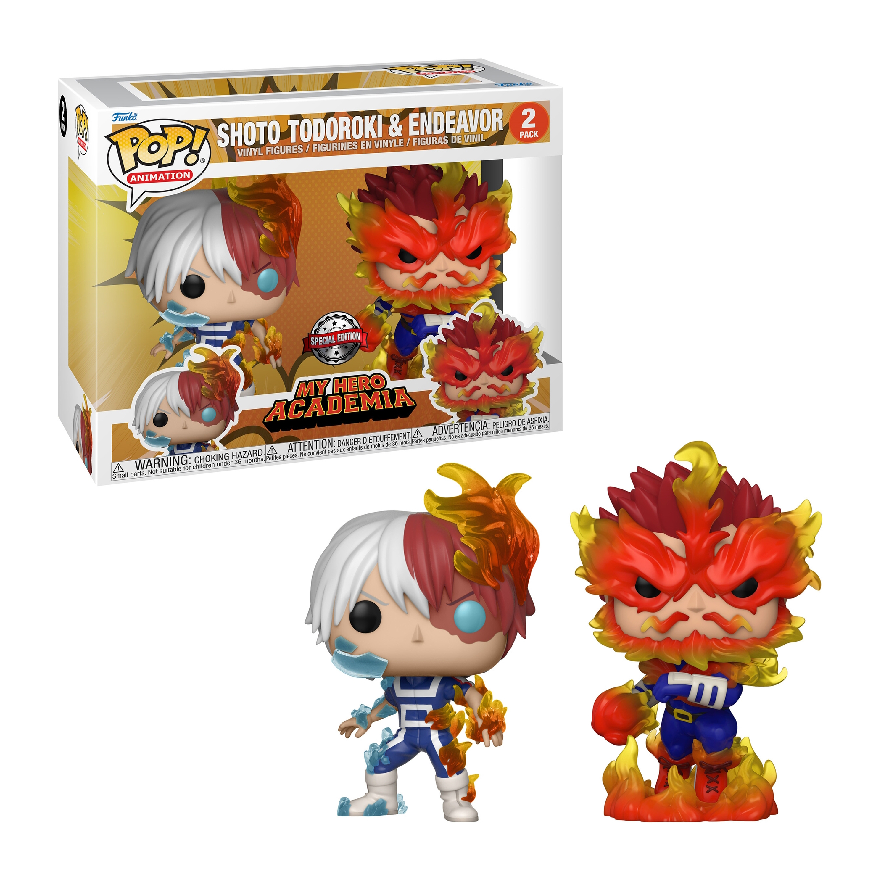 My Hero Academia Funko Pop Figuren: Shoto Todoroki und Endeavor. Weißer Hintergrund.