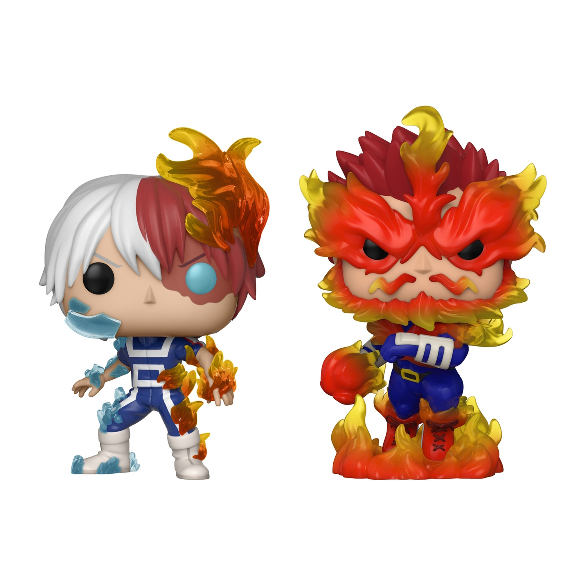 Zwei My Hero Academia Funko Pops: Todoroki und eine feurige Figur. Beide Figuren befinden sich in dynamischen Posen.
