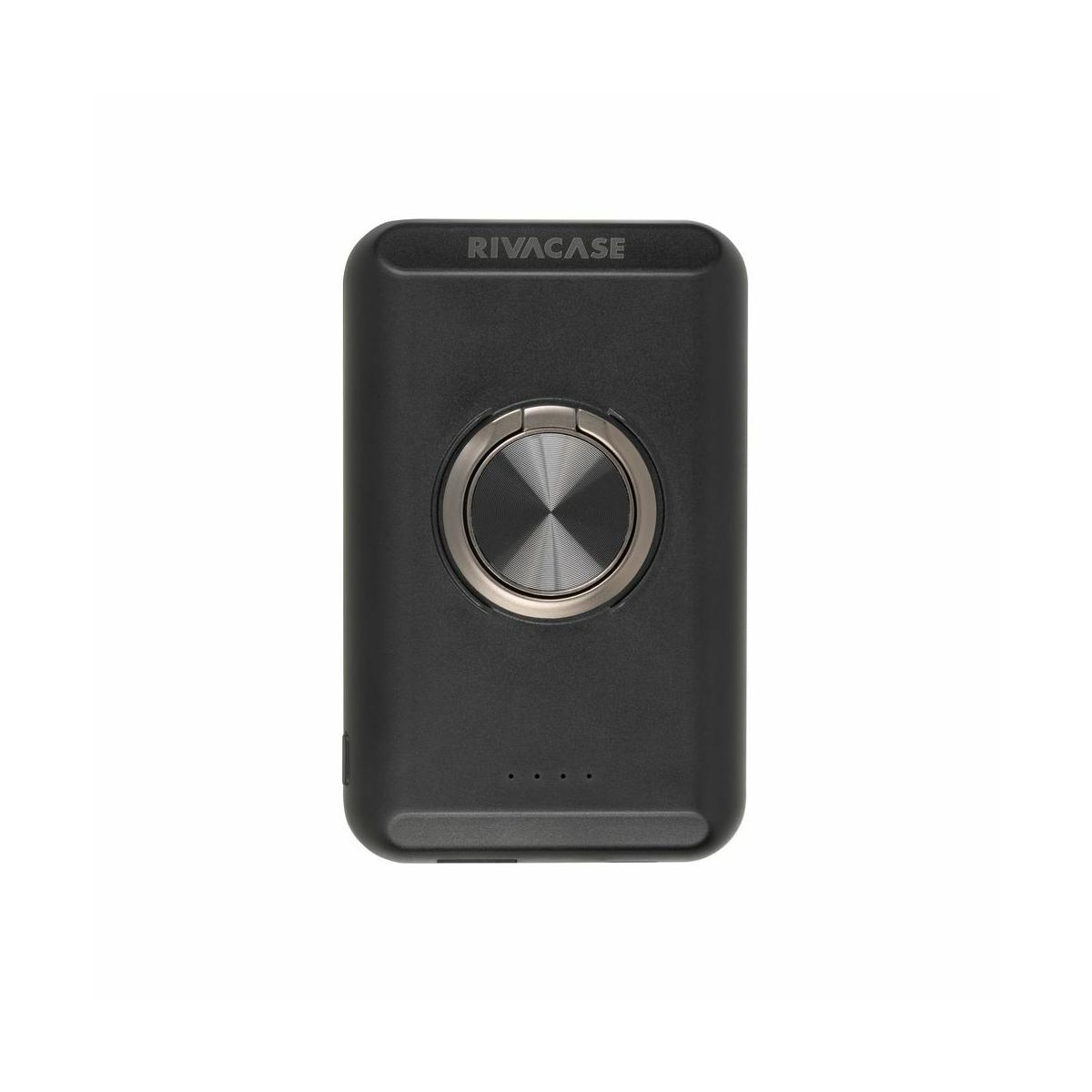 Power bank RIVACASE nera con un anello argentato al centro. Ci sono tre piccole luci sotto l'anello.