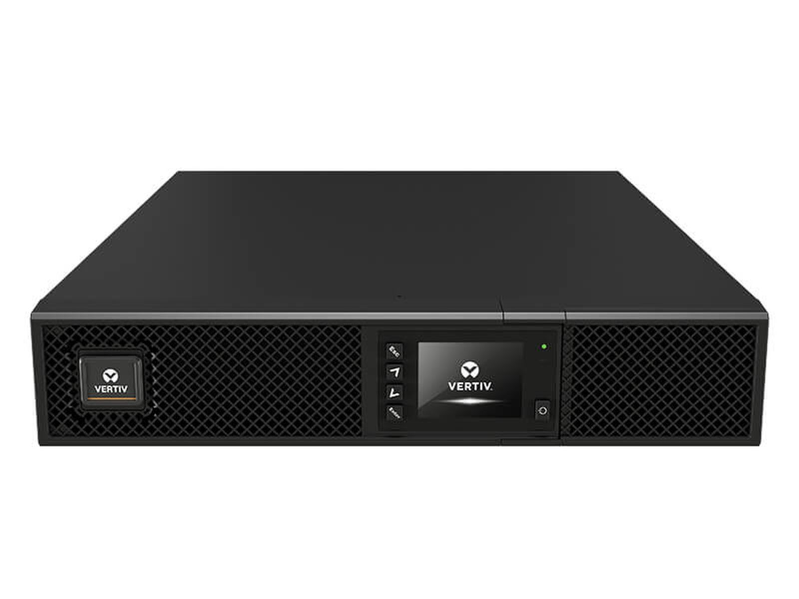 Schwarzes USV-Gerät, ein Rackmount-Gerät mit Display, Tasten und Logo auf der Vorderseite.