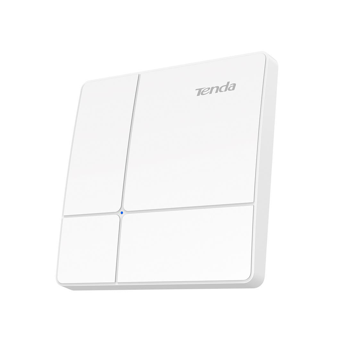 Białe urządzenie smart home Tenda z niebieskim światłem. Ma prostokątny kształt z wieloma sekcjami.