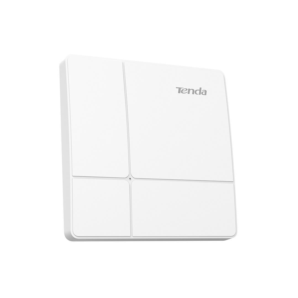 Biały router Tenda. Prostokątny kształt z podzielonymi sekcjami i nazwą marki po prawej.