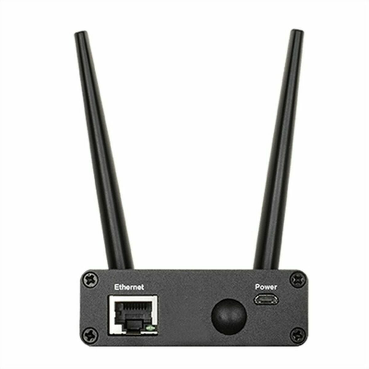 Un dispositivo negro con dos antenas, un puerto Ethernet y un puerto de alimentación, sobre un fondo blanco.