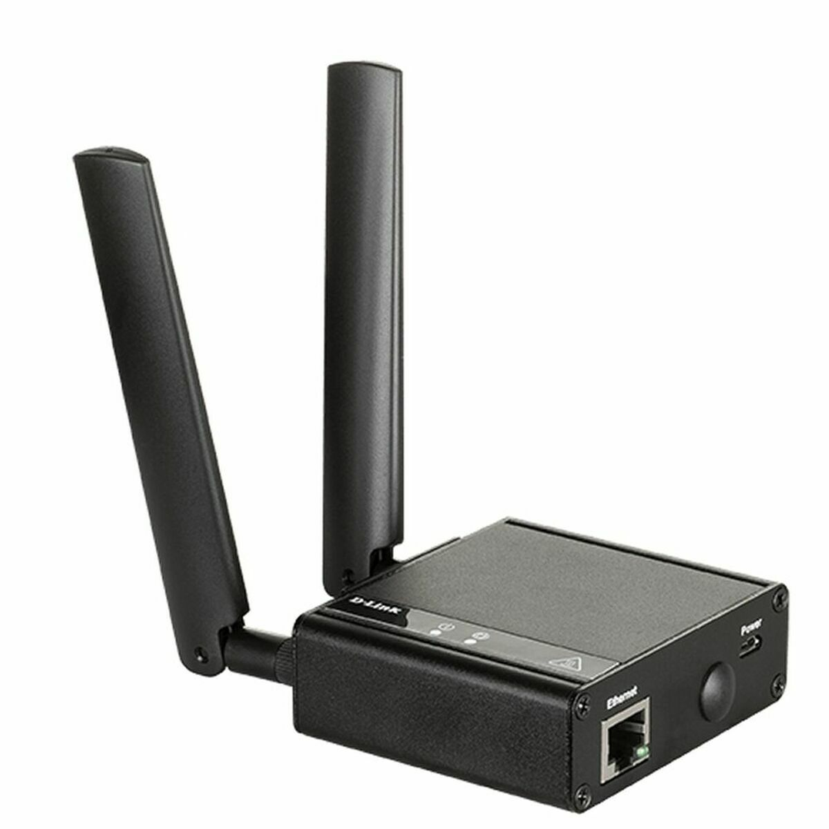 Un router D-Link negro con dos antenas y varios puertos, sobre fondo blanco. Puerto Ethernet visible.