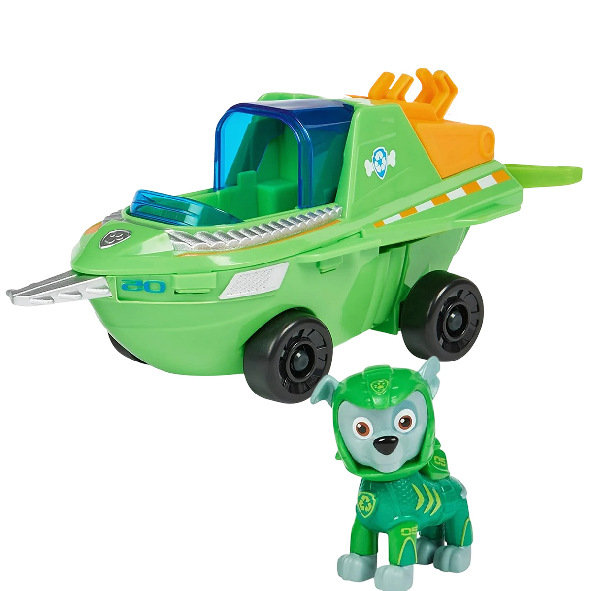 Ein grünes Spielzeugauto mit Paw Patrol Figur Chase in grüner Uniform. Das Auto ist auch grün.