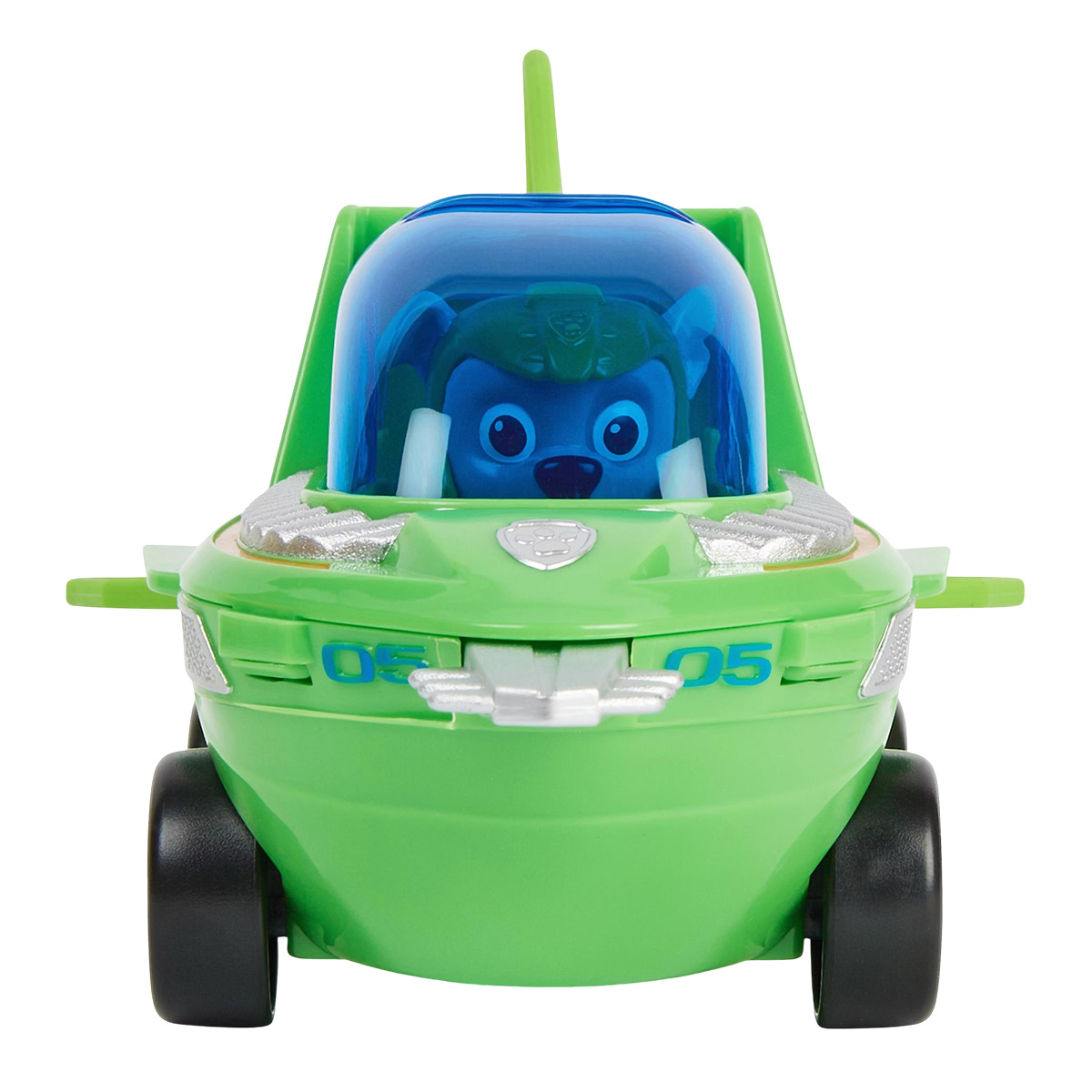 Grünes Spielzeugauto mit einem Hund in einer blauen Blase oben drauf.