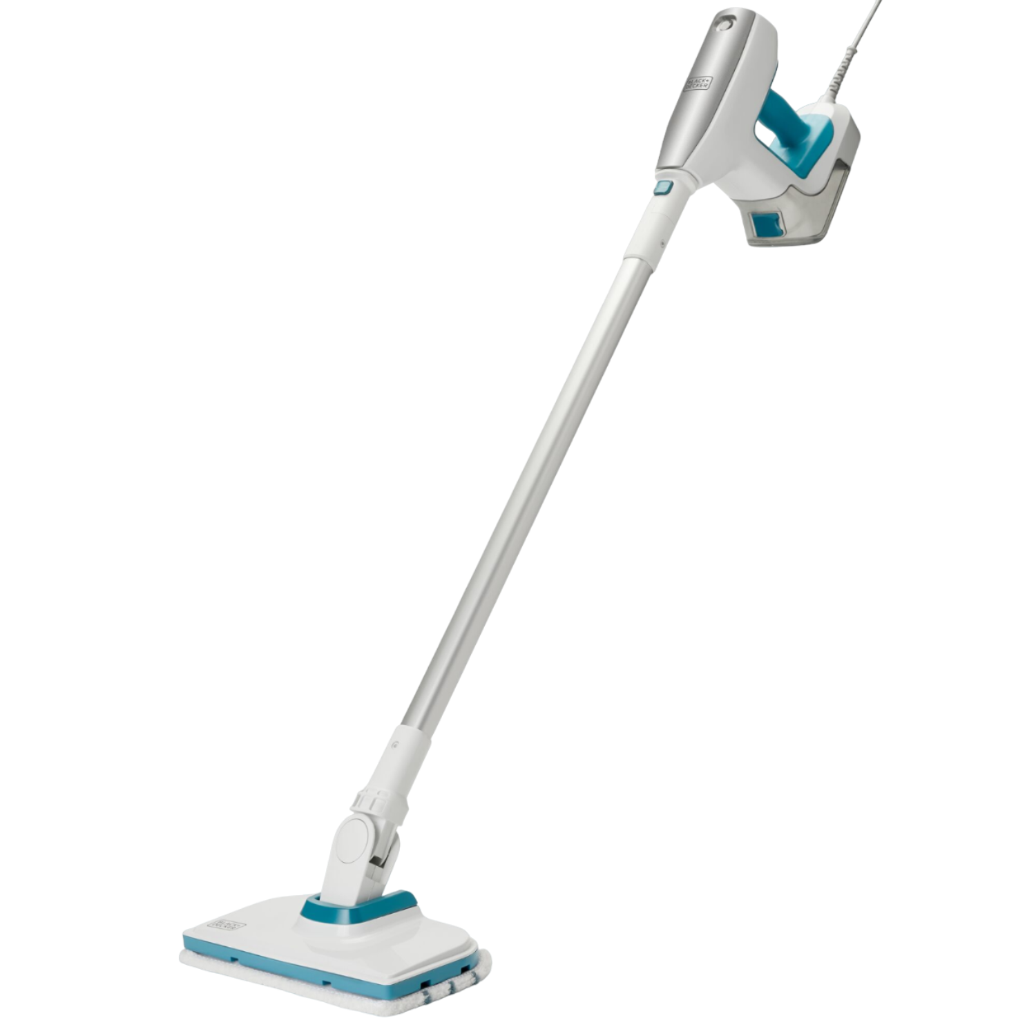 Biały i morski mop parowy z długim uchwytem, na czarnym tle.