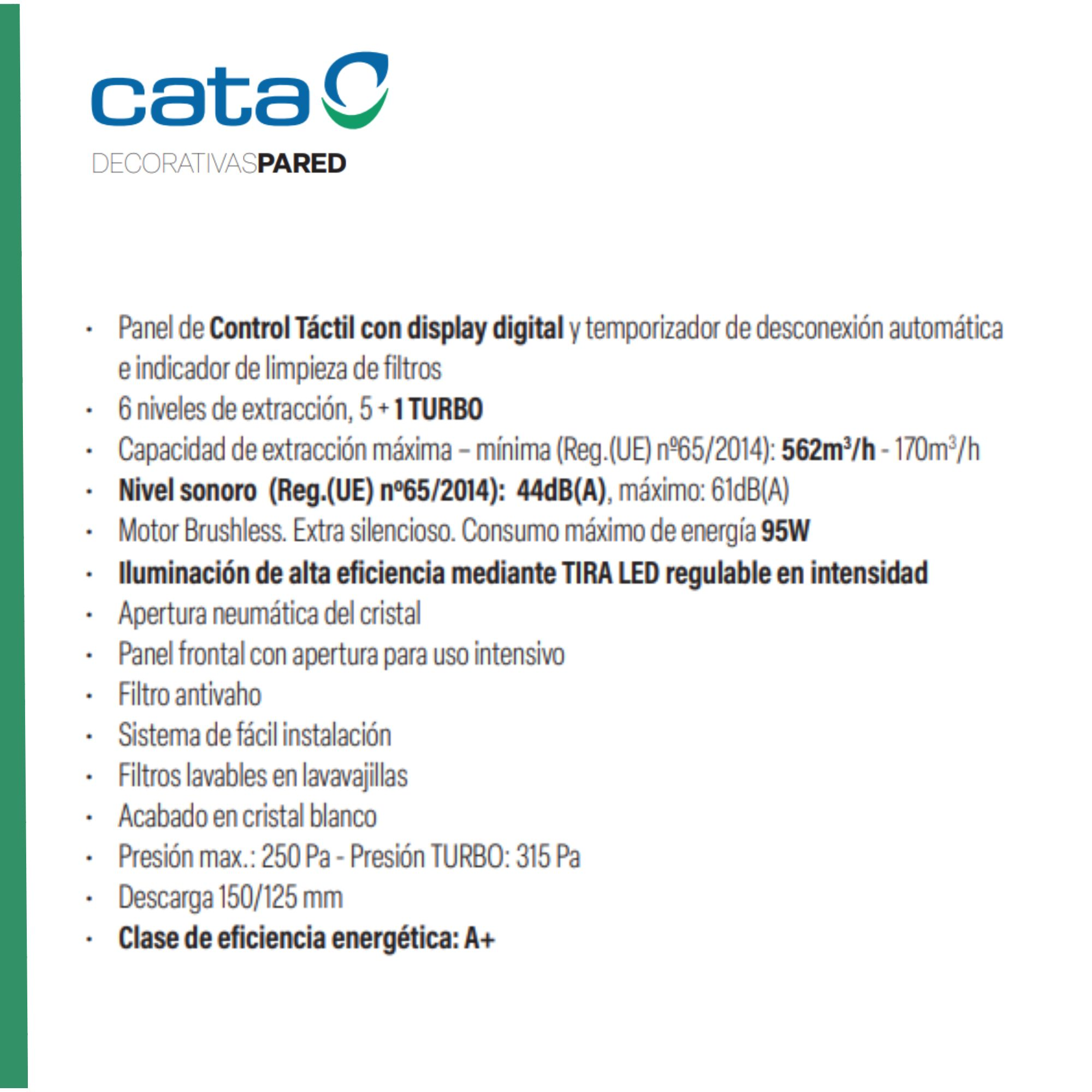 Información sobre un panel decorativo de pared Cata, incluyendo características como panel táctil, luz LED y eficiencia energética.