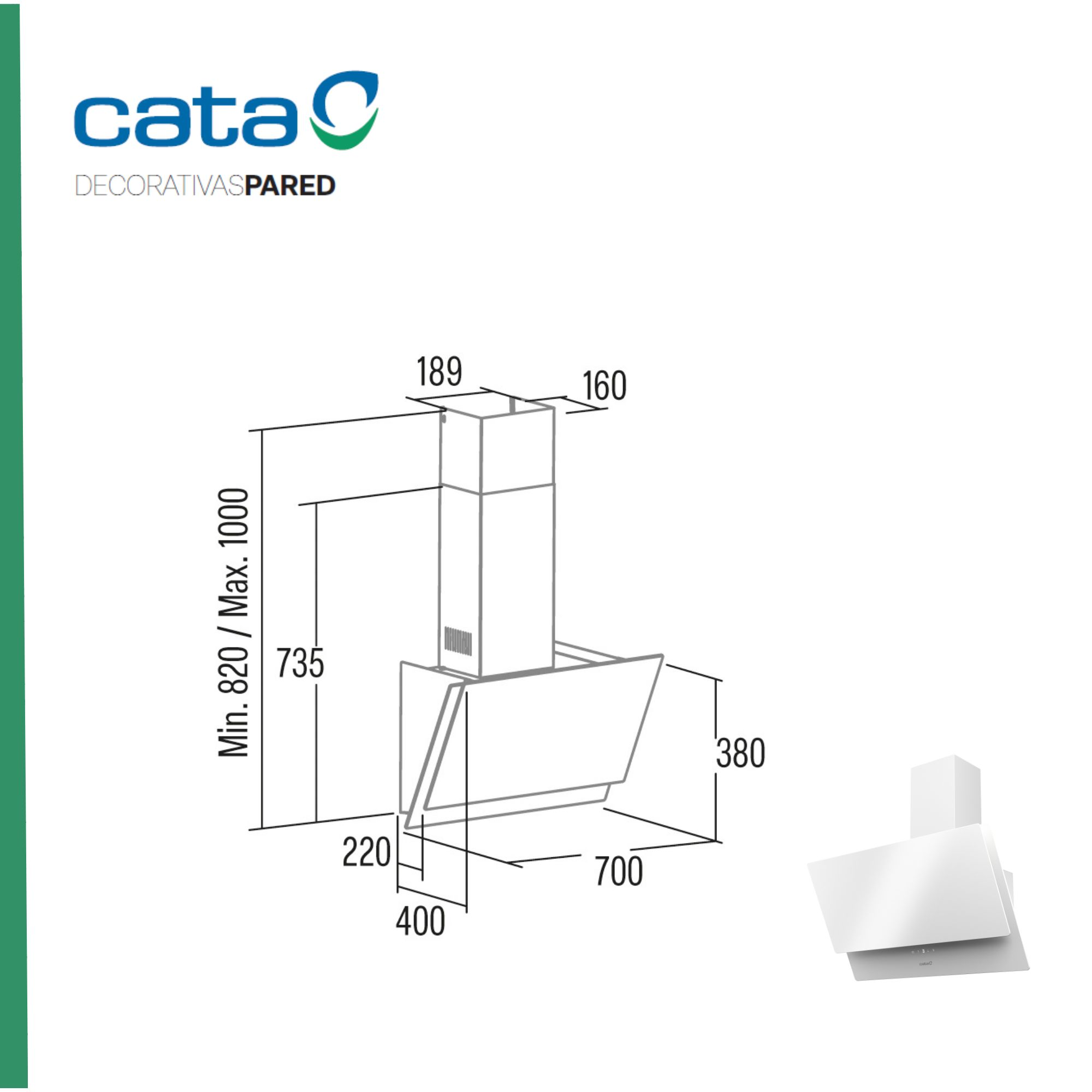 Diagramma cappa Cata con dimensioni. Sfondo bianco. Linee ed etichette nere.