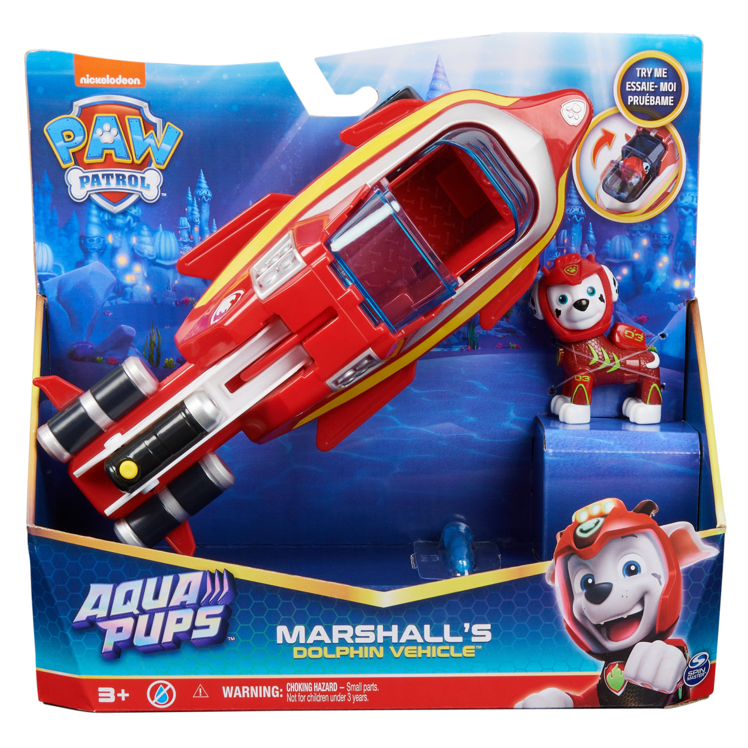 Un set di giocattoli Paw Patrol Aqua Pups con un veicolo rosso e giallo, la figura di Marshall e l'imballaggio.