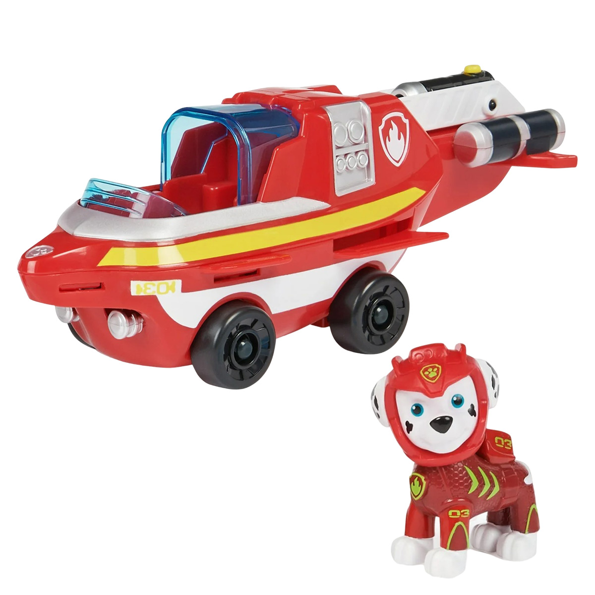 Elicottero giocattolo Paw Patrol rosso e figura. L'elicottero ha strisce gialle e un finestrino blu. Figura di Marshall.