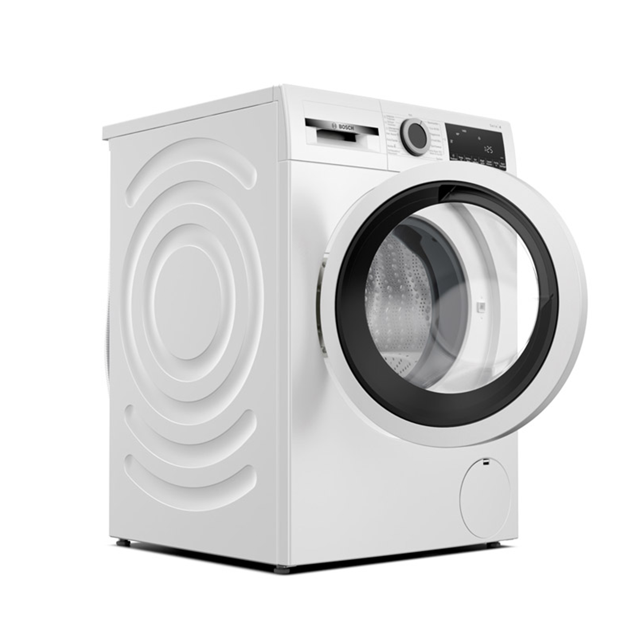 Weiße Waschmaschine mit offener Tür mit schwarzem Ring. Die Maschine steht vor weißem Hintergrund.