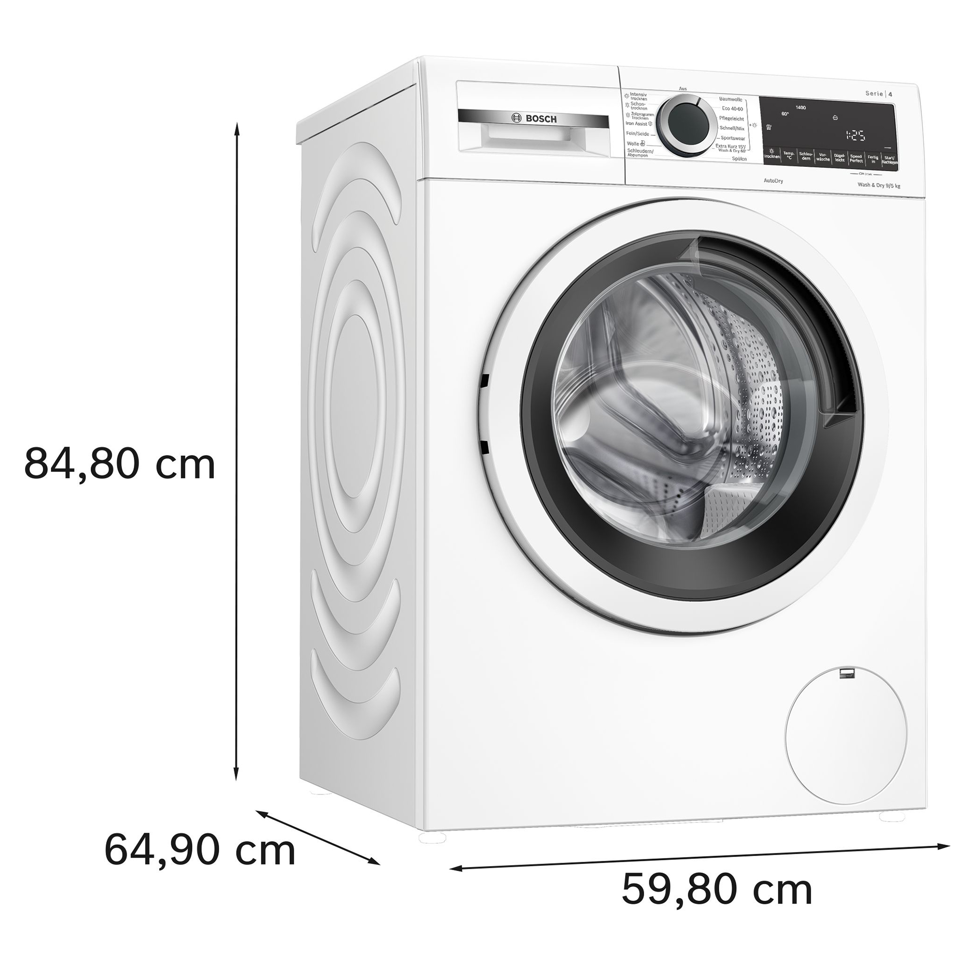 Weiße Waschmaschine mit Maßen in cm, die Abmessungen von 84,80, 64,90 und 59,80 zeigt.