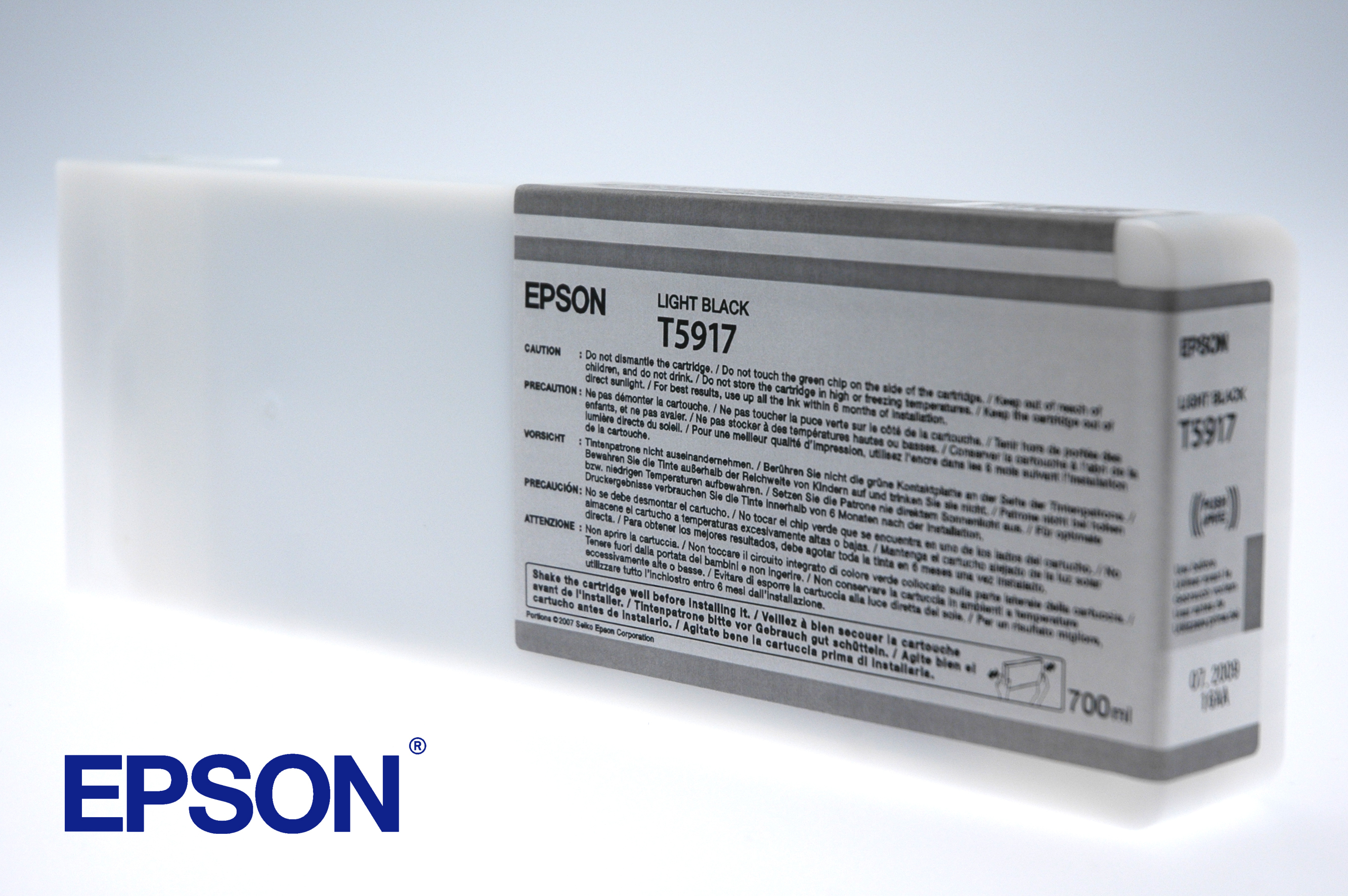 Cartuccia Epson Light Black T5917 in una scatola bianca. Testo e avvertenze visibili.