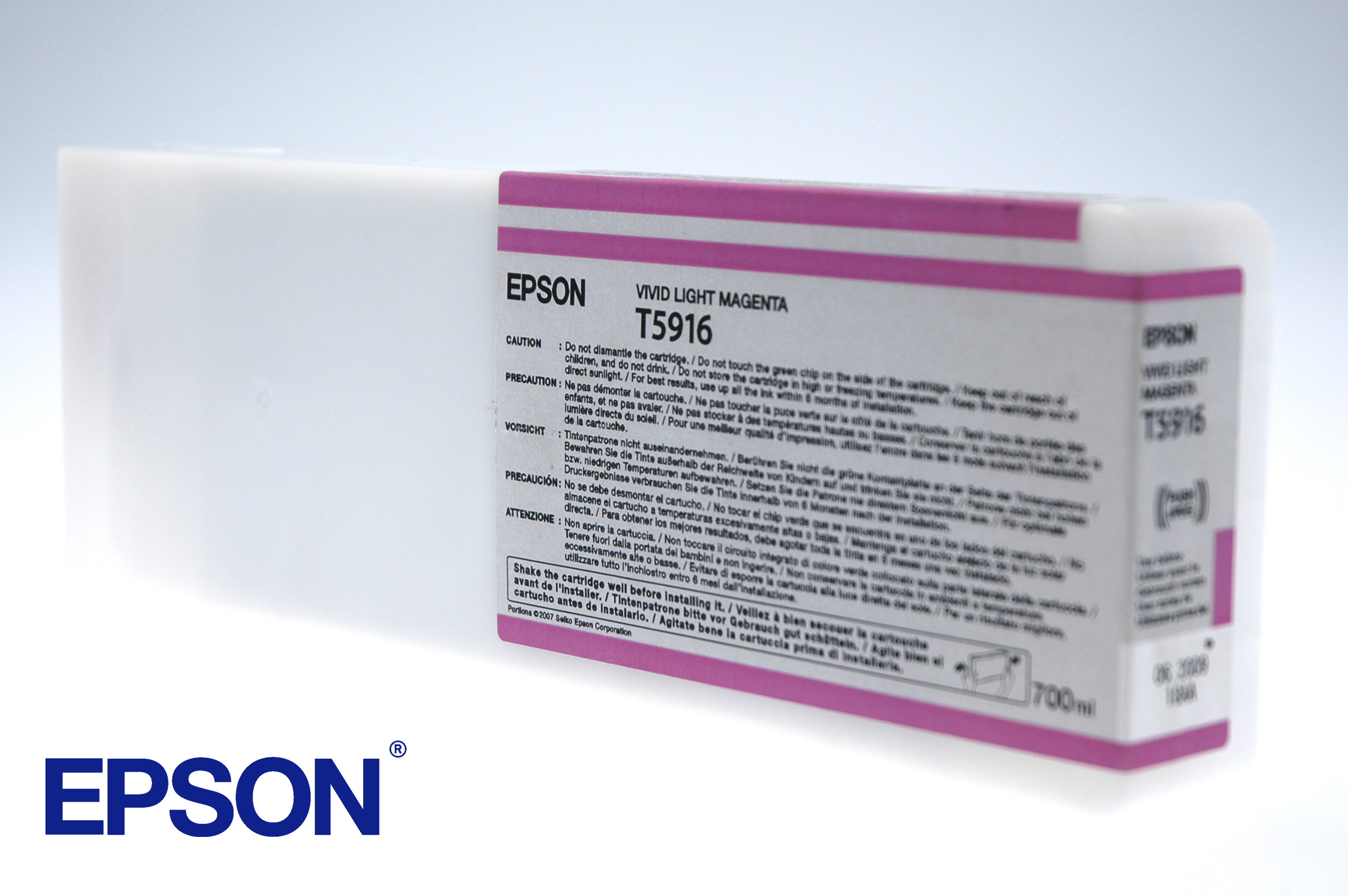 Cartuccia d'inchiostro Epson con etichetta rosa, con scritto 'VIVID LIGHT MAGENTA'. Il logo Epson è visibile.