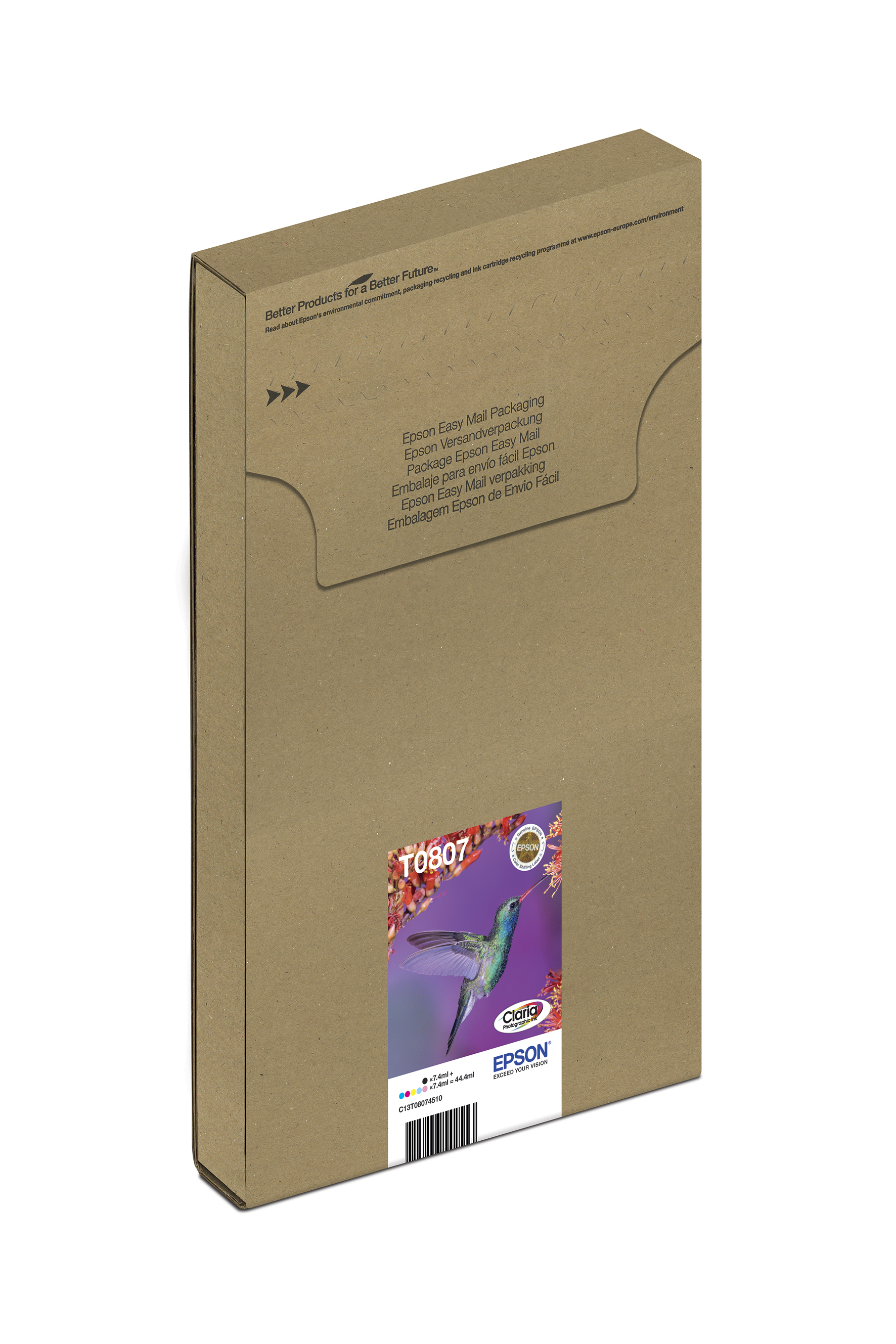 Epson inktcartridge doos, bruin, met een label van een kolibrie.