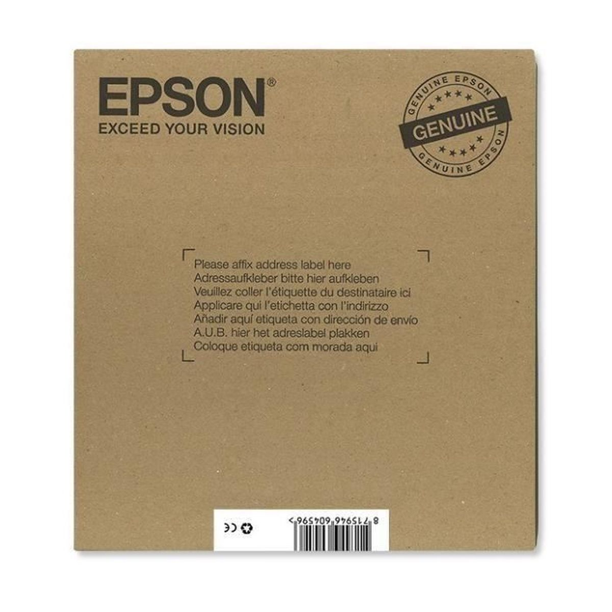 Embalaje Epson. Cartón marrón con texto impreso y una pegatina circular.