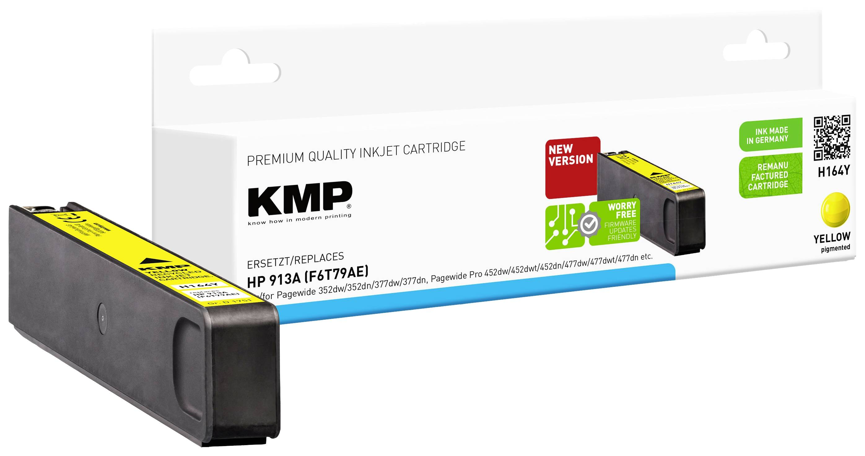 Cartuccia e scatola di inchiostro KMP gialle, con testo e un codice QR, su sfondo bianco.