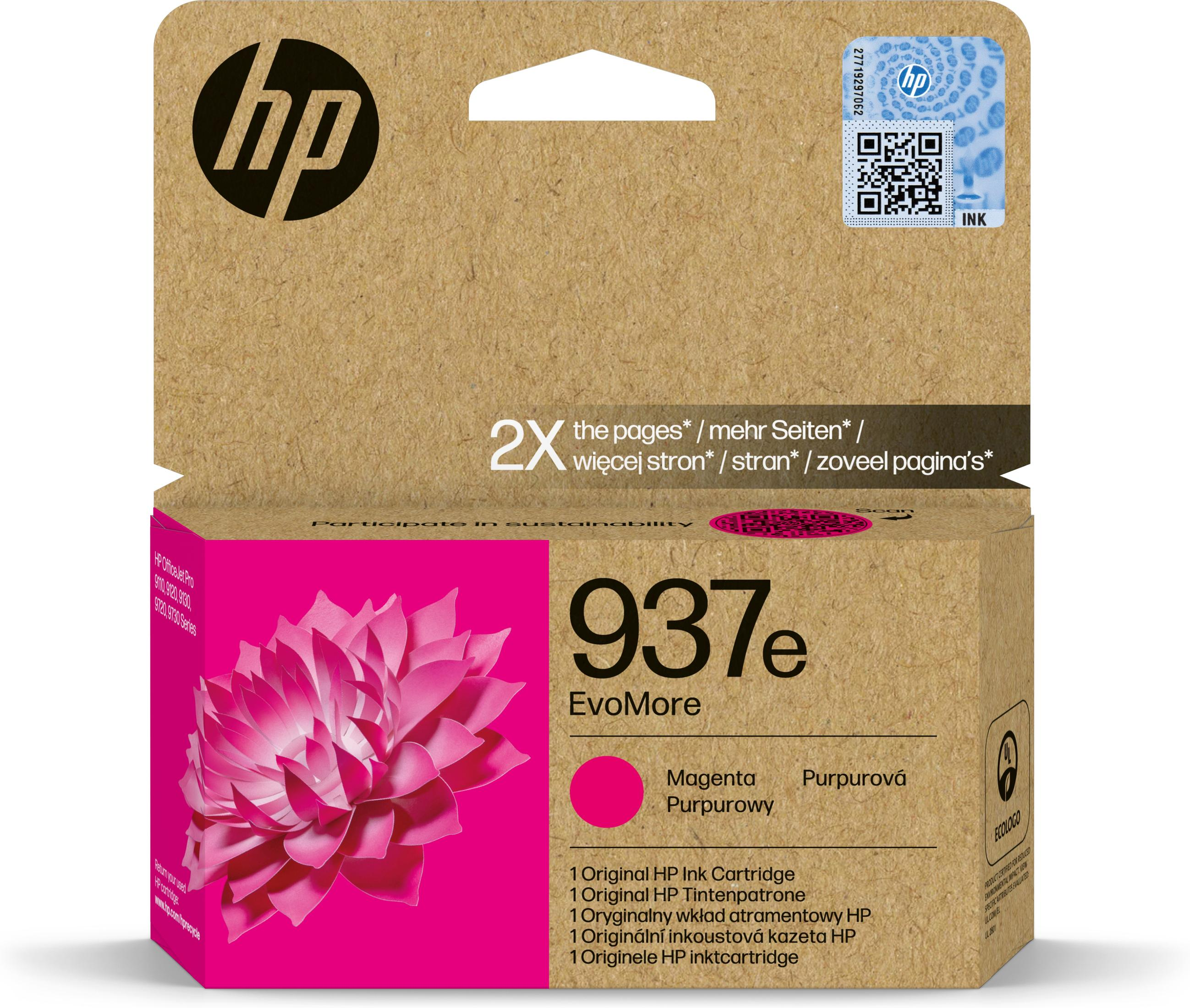 Cartuccia inchiostro magenta HP 937e EvoMore su scatola di cartone.