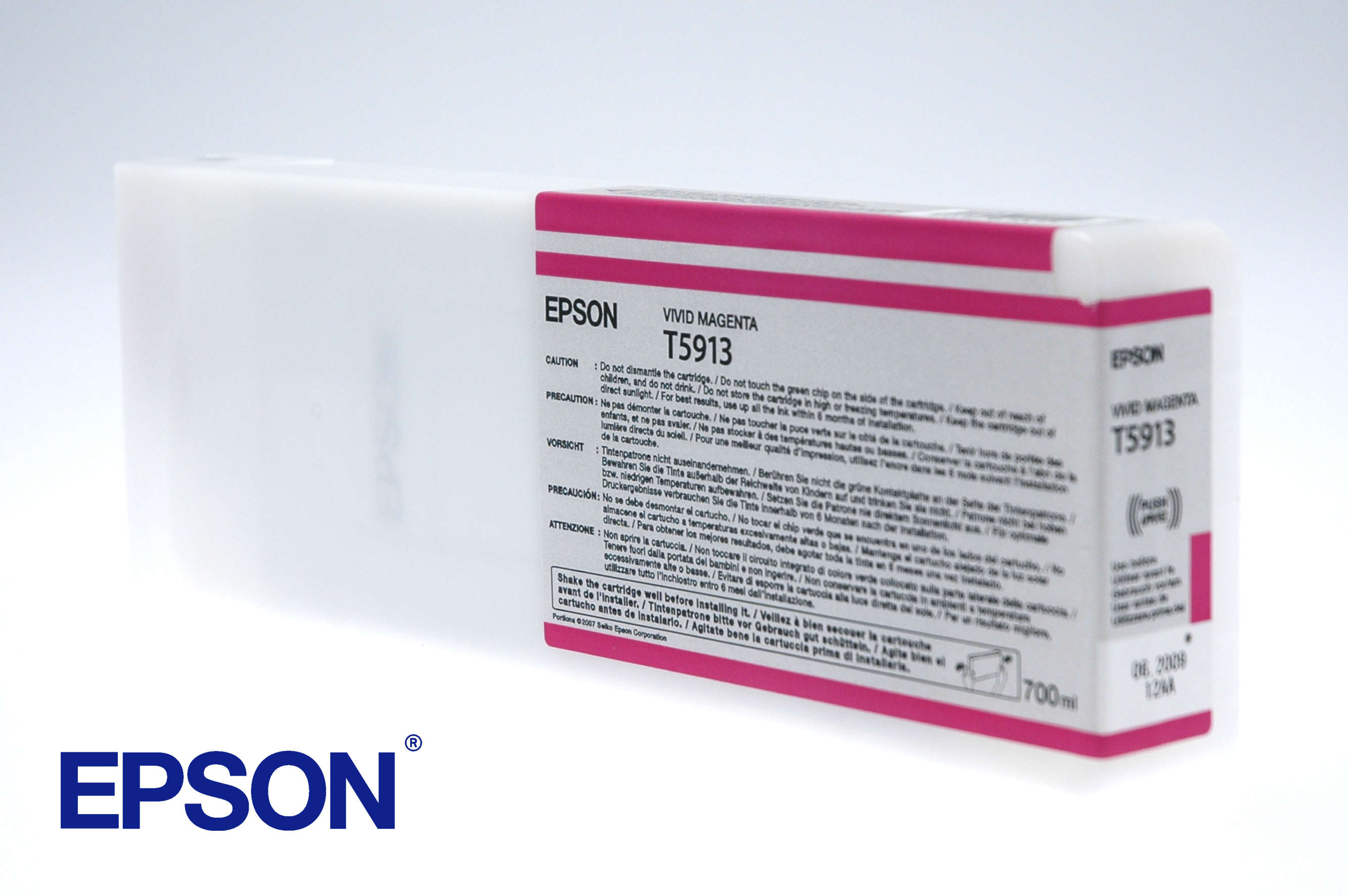 Cartuccia inchiostro Epson T5913 Vivid Magenta. Sfondo bianco. Etichetta con testo e info visibili.