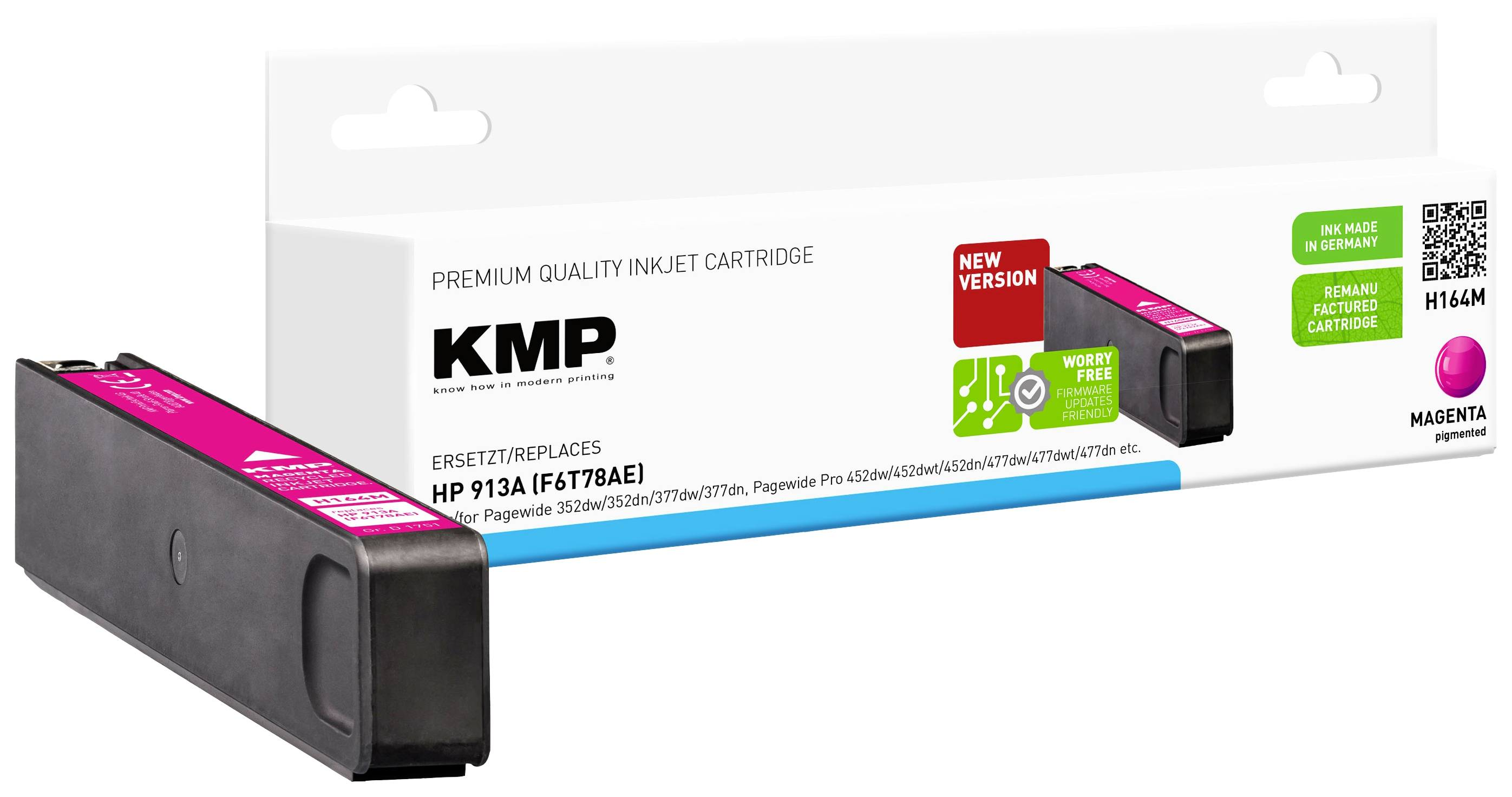 Una cartuccia di inchiostro magenta KMP con una scatola bianca e un'etichetta di nuova versione.