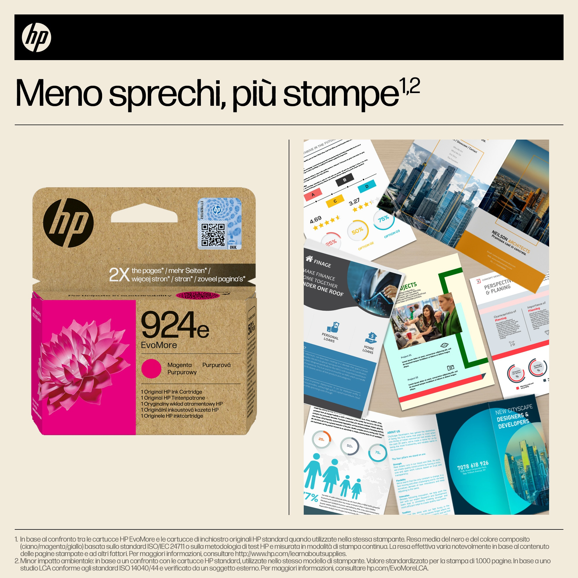 Pudełko z wkładem atramentowym HP z tuszem magenta. Ułożono różne wydruki i wykresy.