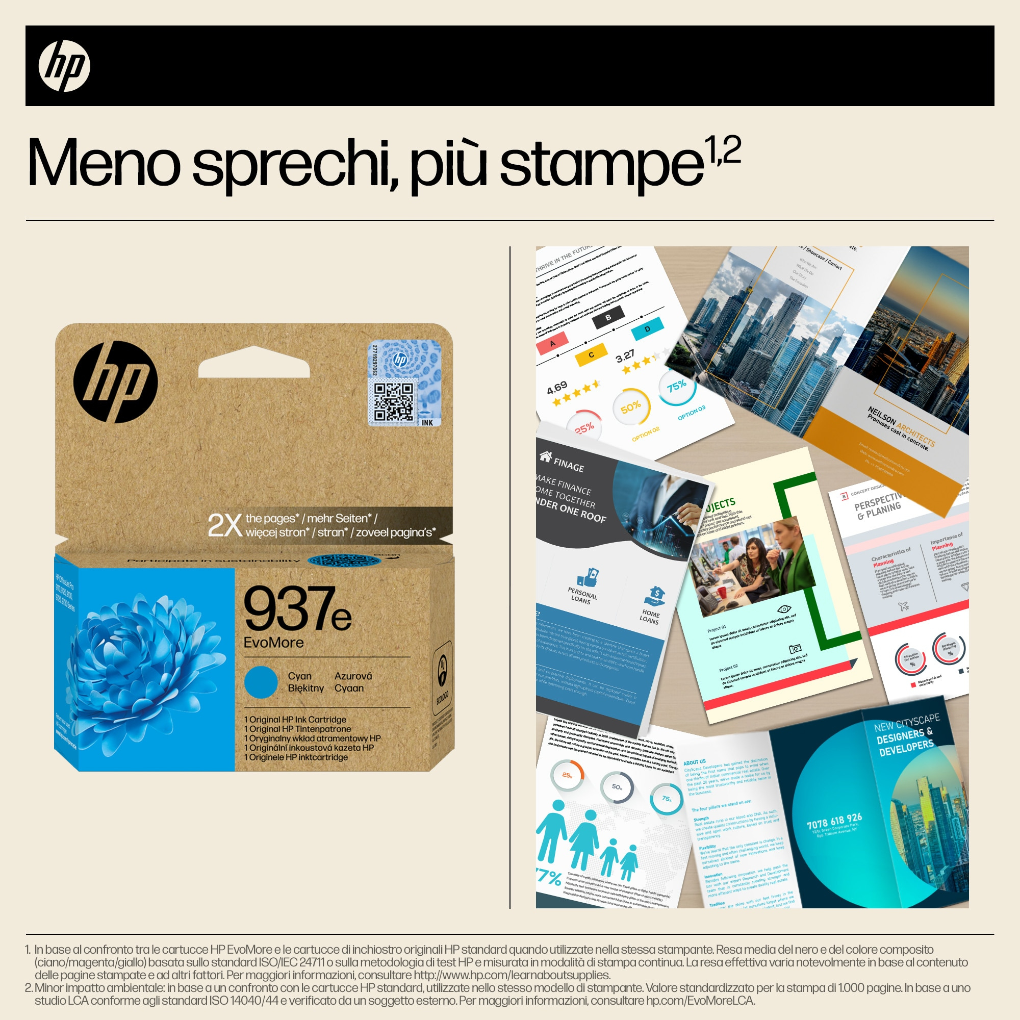 Cartuccia inchiostro ciano HP 937e e documenti stampati a destra.