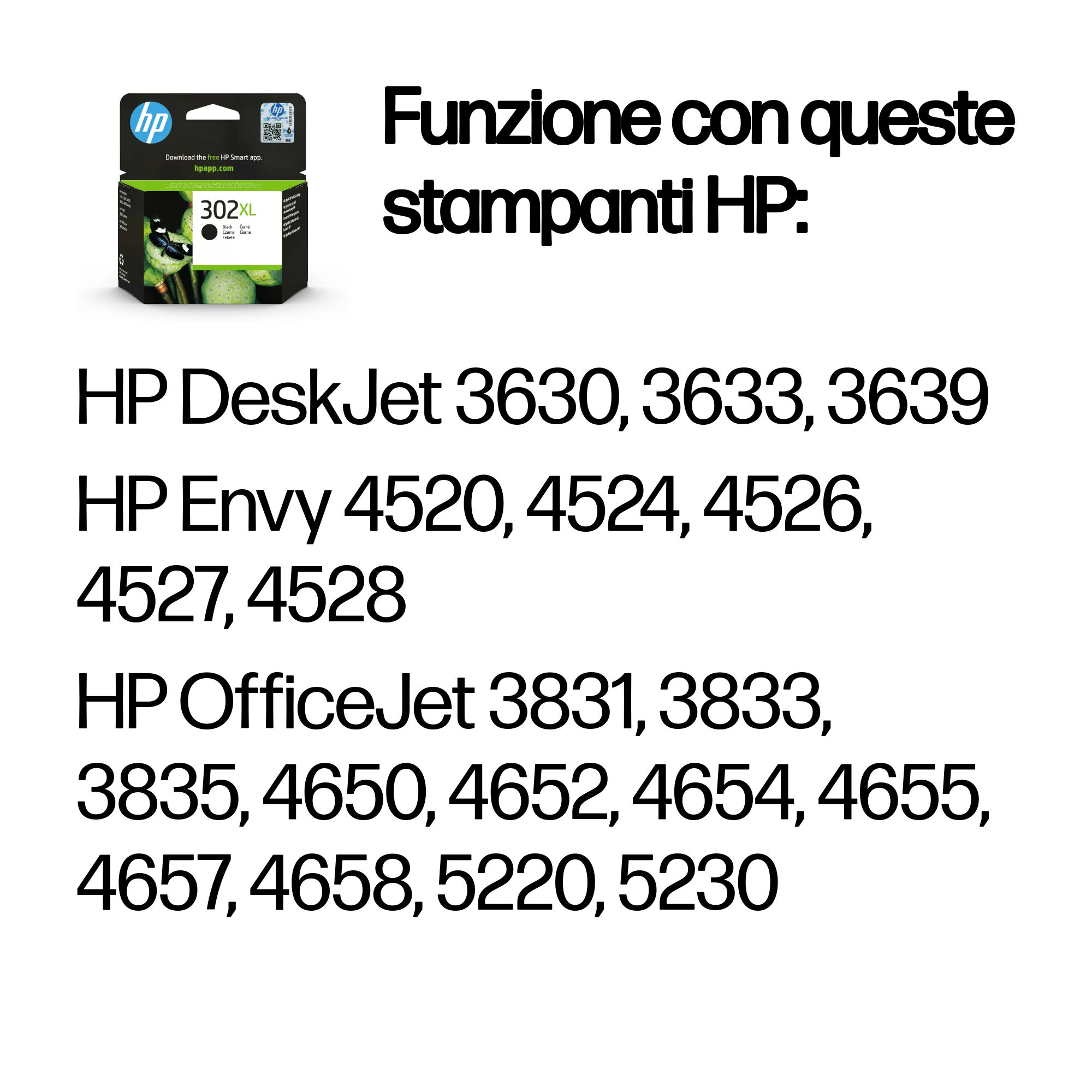 Texto que enumera los modelos de impresoras HP DeskJet, Envy y OfficeJet, con un cartucho de tinta HP.