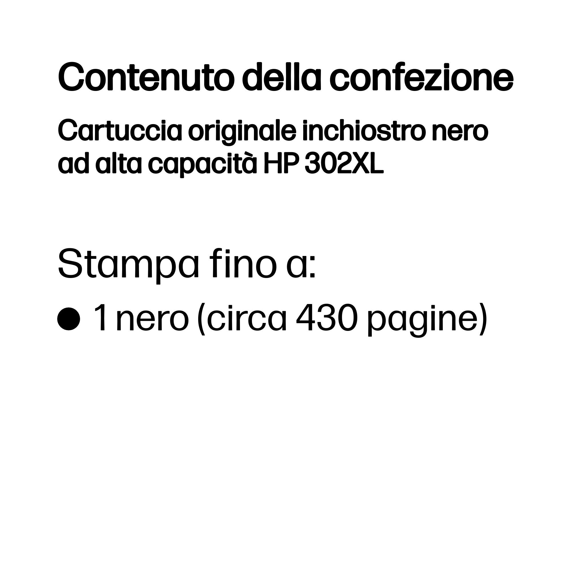Texto sobre fondo blanco: Cartucho de tinta negra original HP 302XL. Imprime hasta 430 páginas.