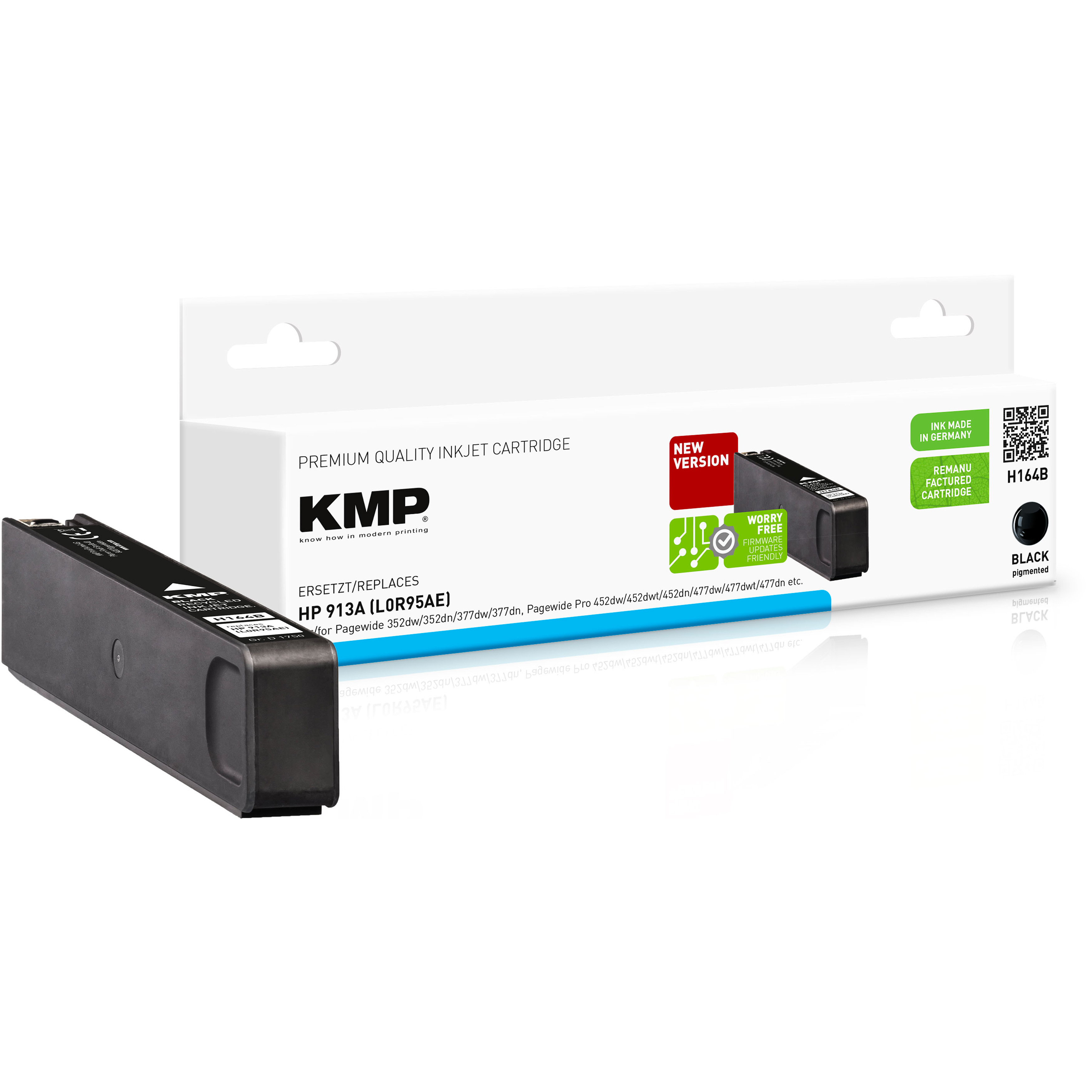 Scatola cartucce KMP con cartuccia nera. È in bianco e nero.
