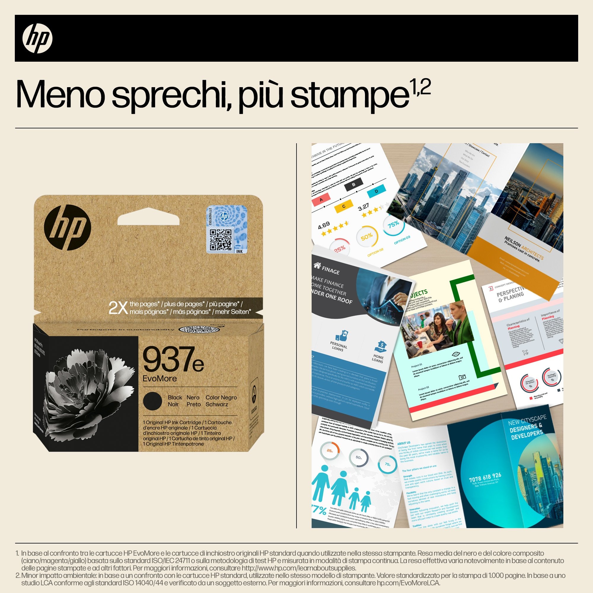 Pudełko z wkładami atramentowymi HP z materiałami promocyjnymi i przykładami wydruków.