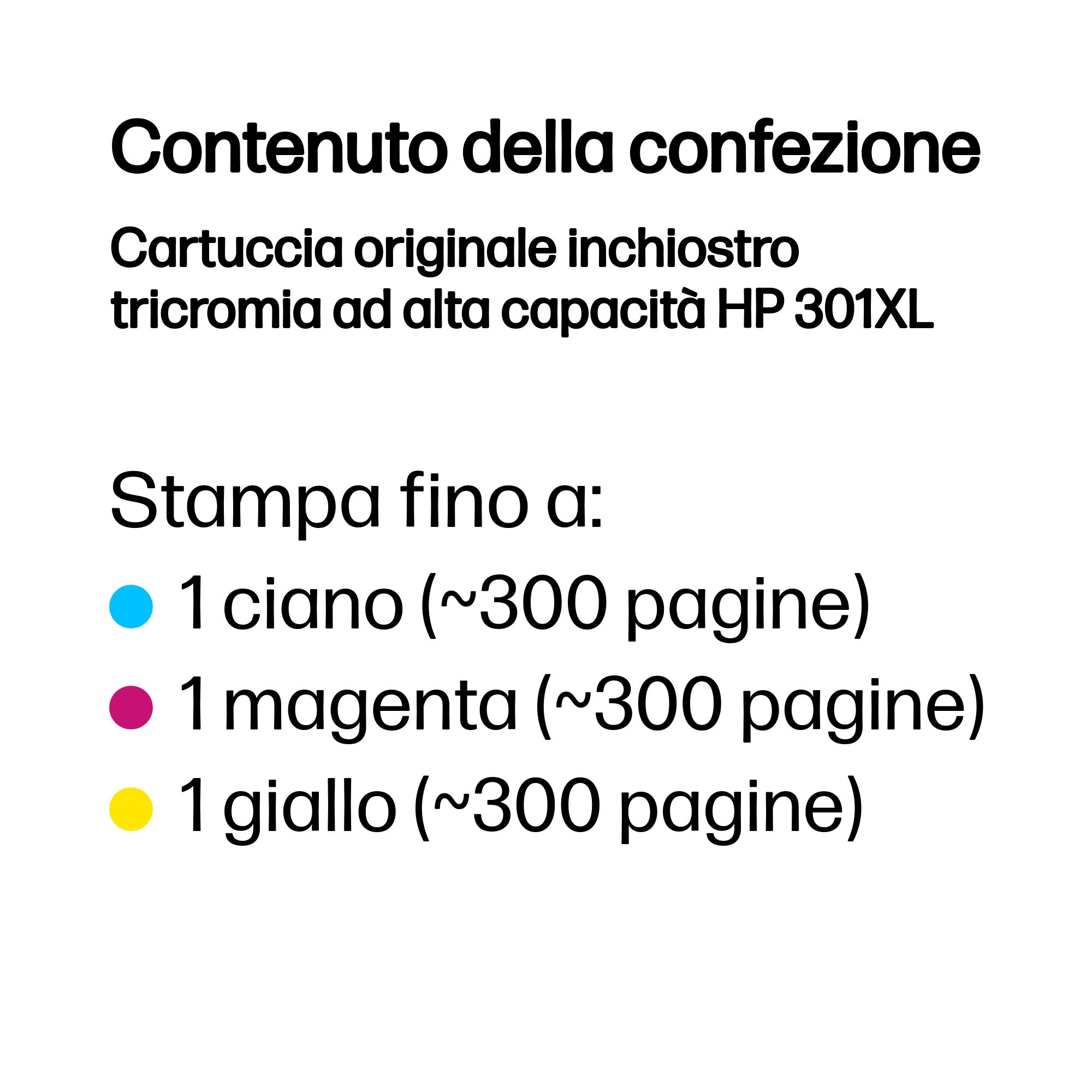 Dettagli testuali sulla cartuccia d'inchiostro HP 301XL, con inchiostri ciano, magenta e giallo.