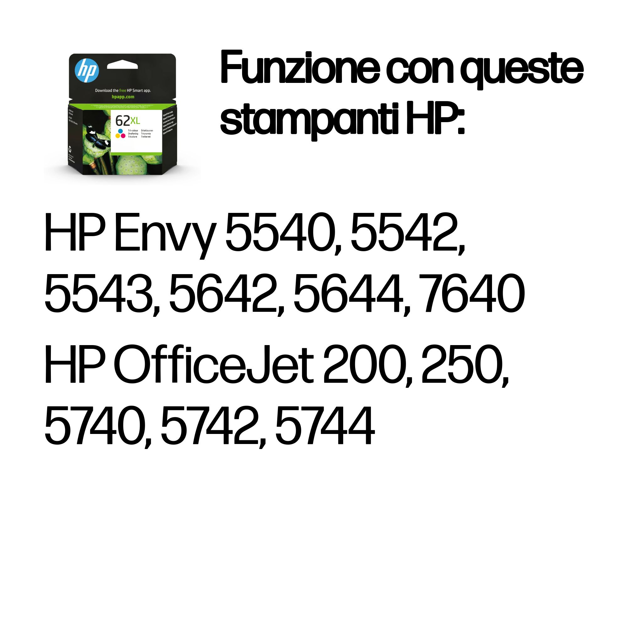 Afbeelding toont een HP inktcartridgebox en een lijst met HP printermodellen die compatibel zijn met de cartridge.