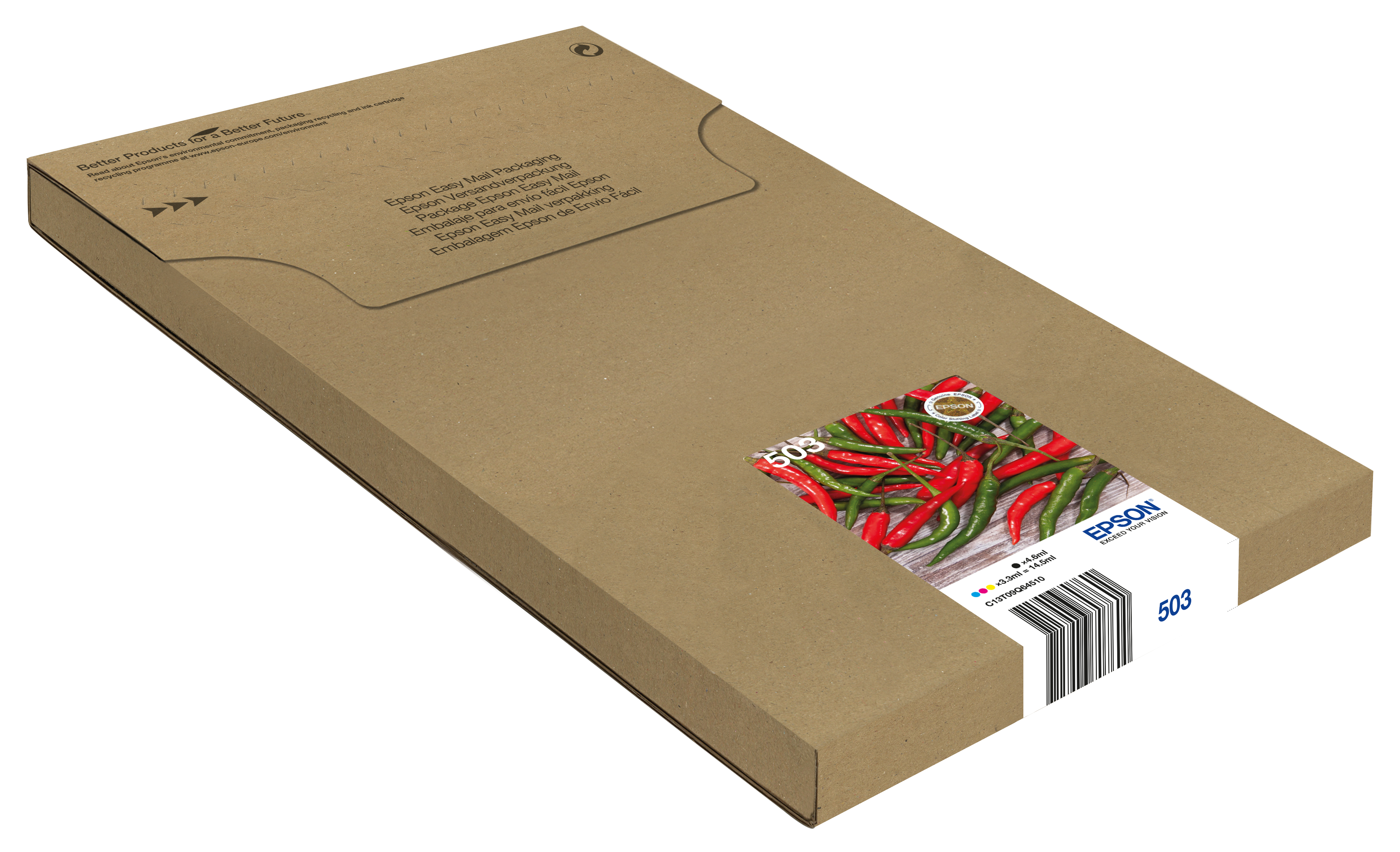 Kartonowe pudełko z etykietą Epson i naklejką z czerwonymi i zielonymi papryczkami.