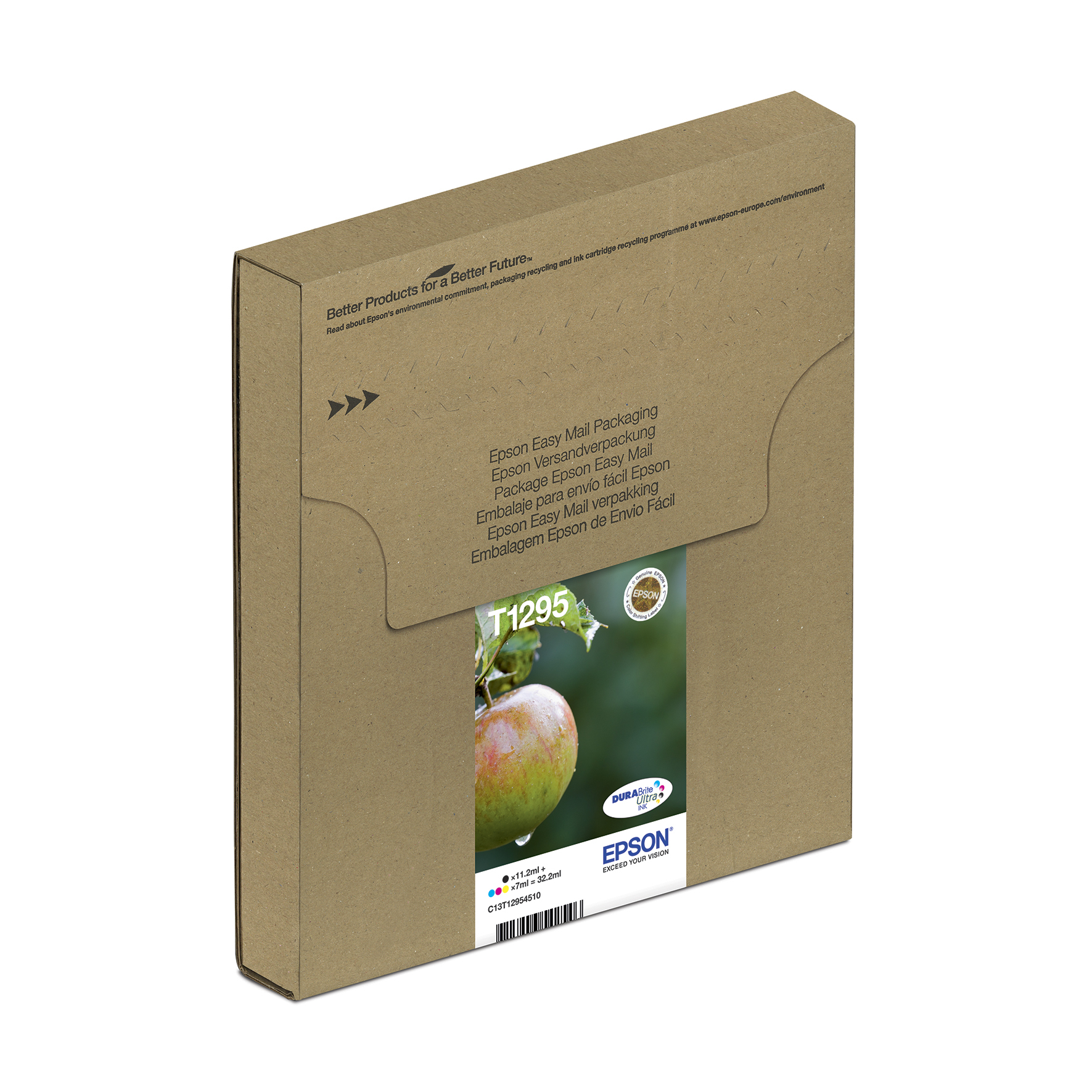 Embalaje de cartuchos de tinta Epson 27XL. Caja marrón con imagen de manzana y texto. Logotipo Epson visible.