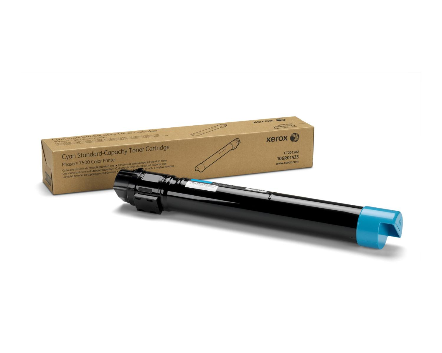 Czarny i niebieski wkład z tonerem oraz jego beżowe pudełko na białym tle.