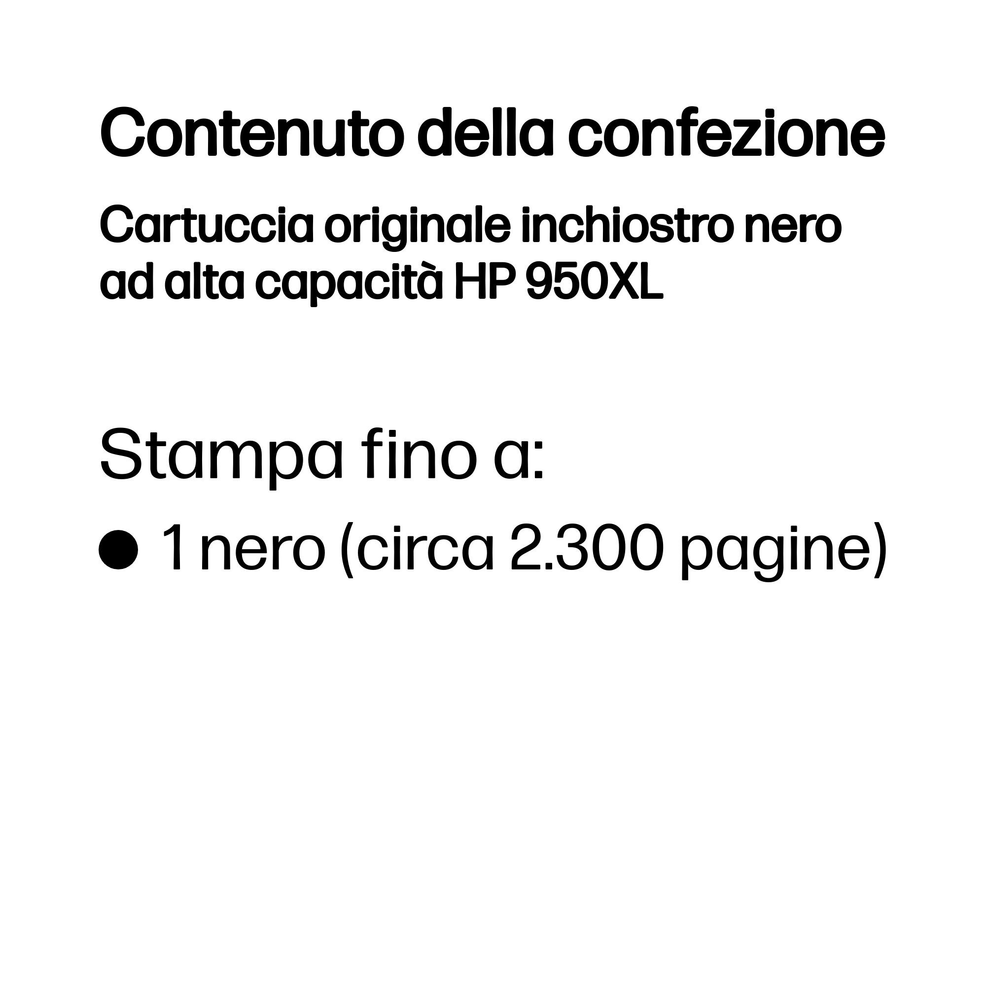 Uno sfondo bianco con testo: cartuccia d'inchiostro nero originale HP 950XL. Stampa fino a 2300 pagine.
