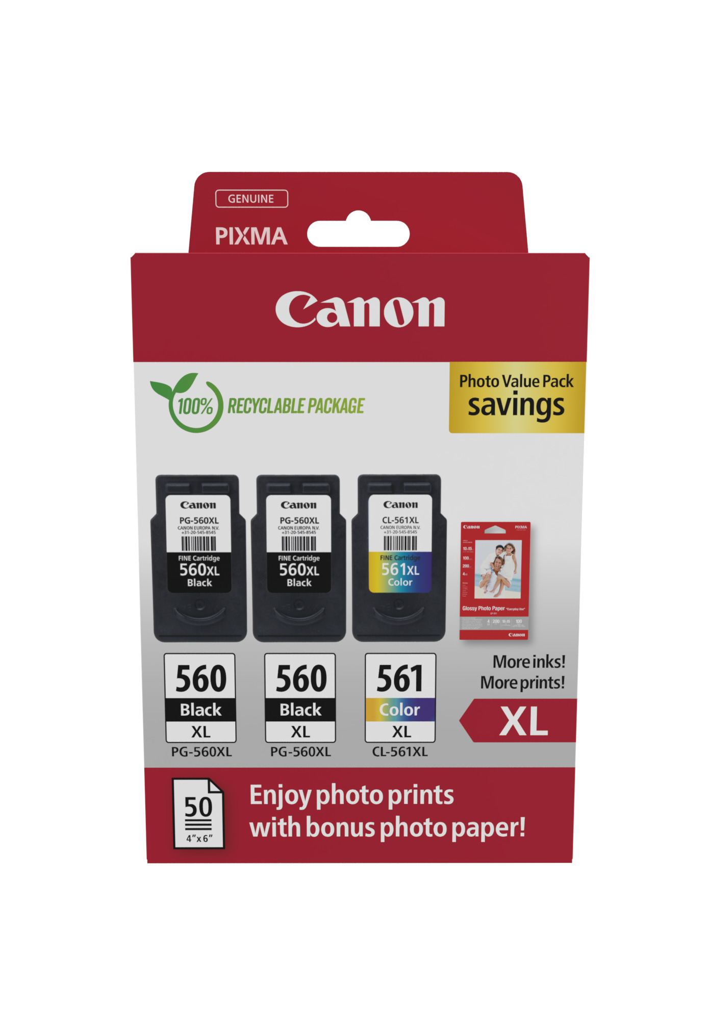 Canon Foto-Wertpackungsbox mit Patronen und Fotopapier. Weißer Hintergrund.